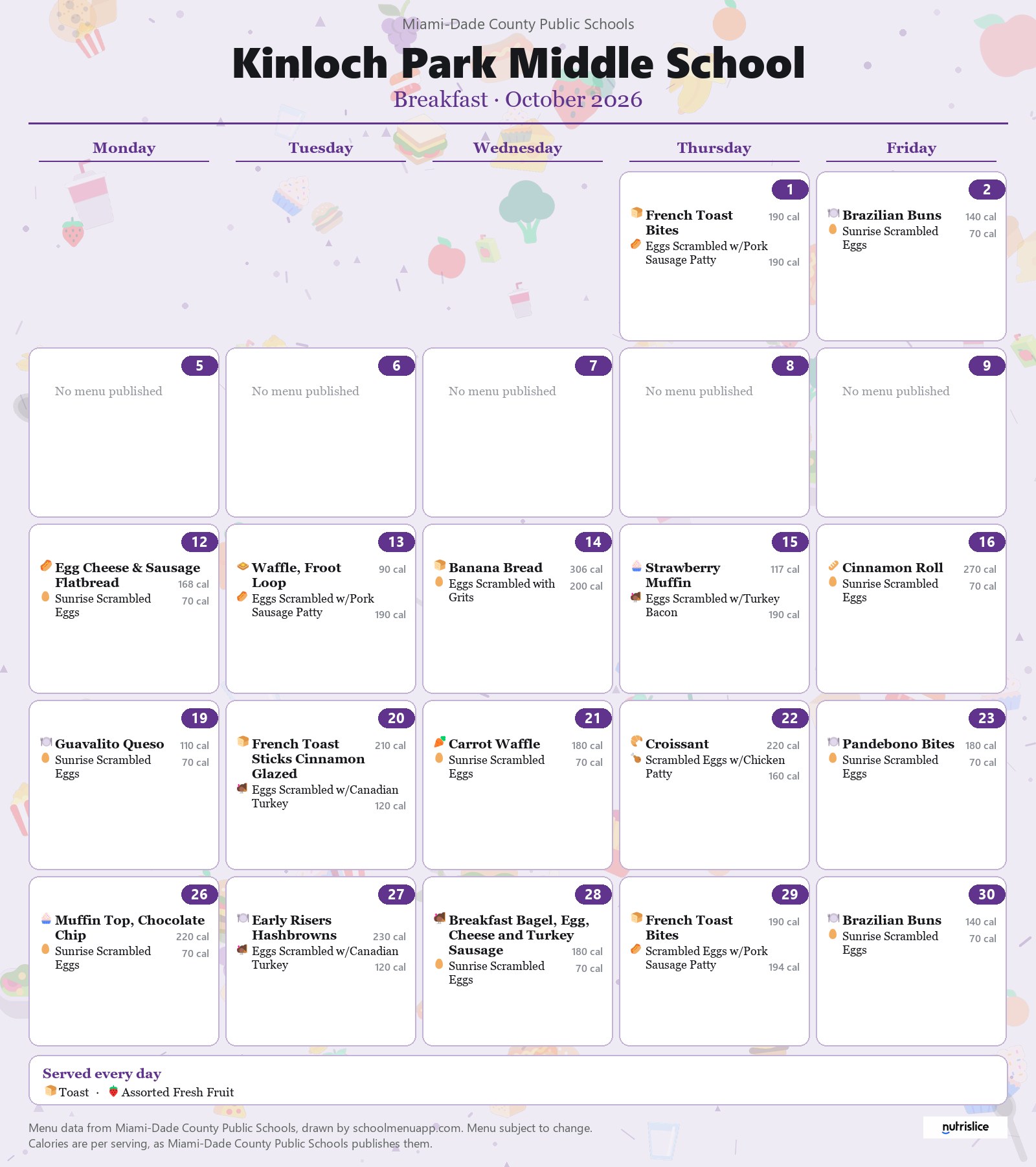 Kinloch Park Middle School breakfast menu for October 2026 &mdash; Miami-Dade County Public Schools