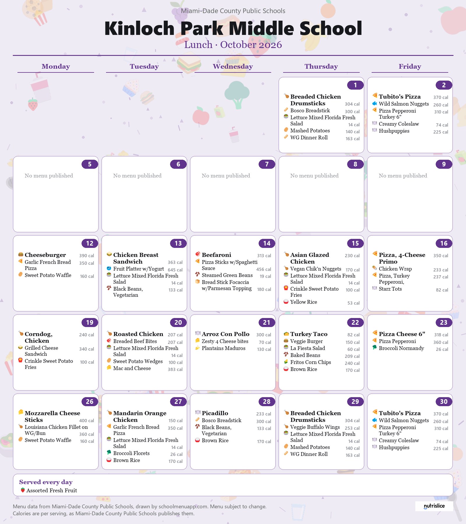 Kinloch Park Middle School lunch menu for October 2026 &mdash; Miami-Dade County Public Schools