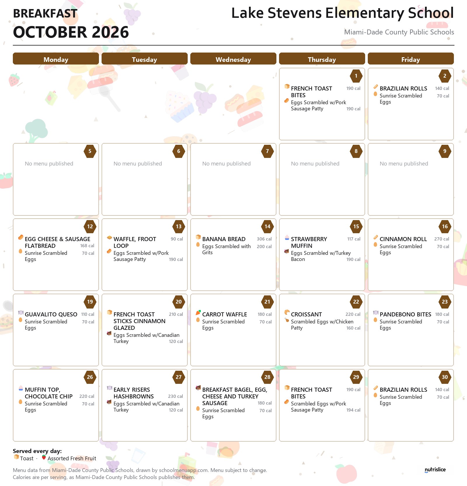 Lake Stevens Elementary School breakfast menu for October 2026 &mdash; Miami-Dade County Public Schools