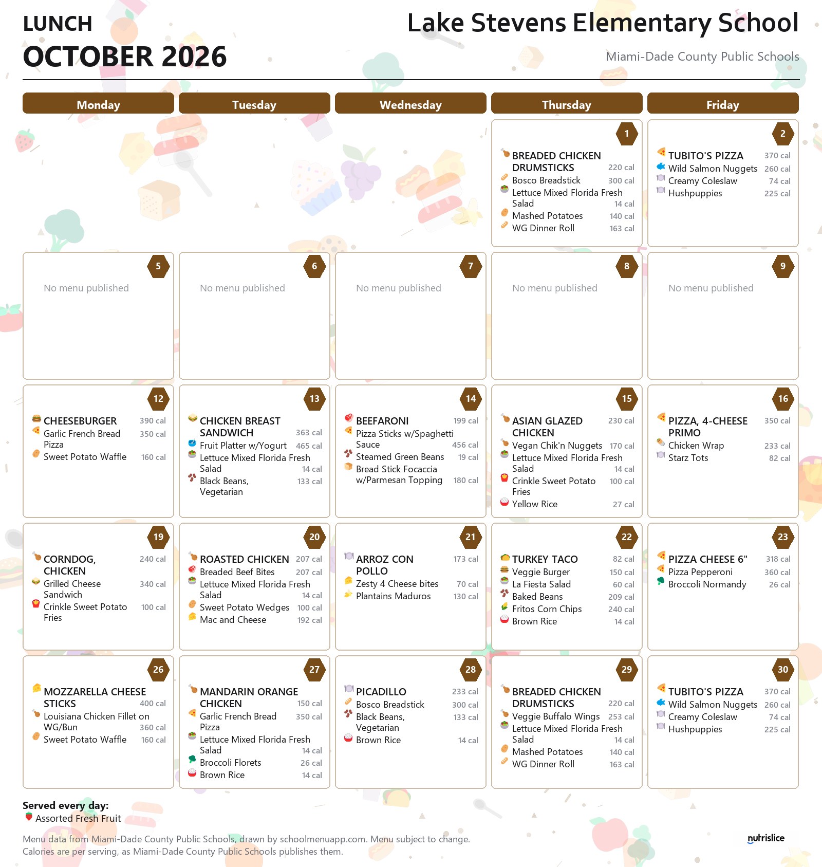 Lake Stevens Elementary School lunch menu for October 2026 &mdash; Miami-Dade County Public Schools