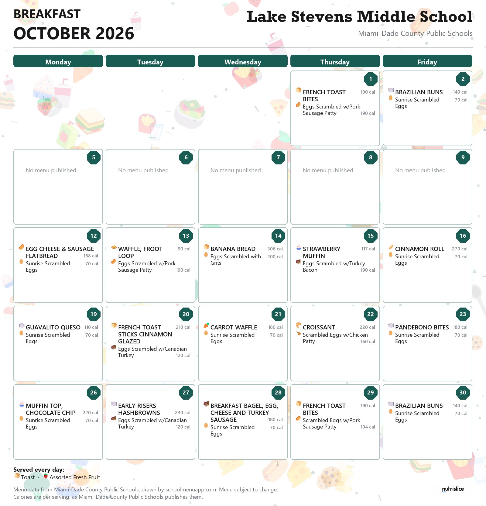 Lake Stevens Middle School breakfast menu for October 2026 &mdash; Miami-Dade County Public Schools