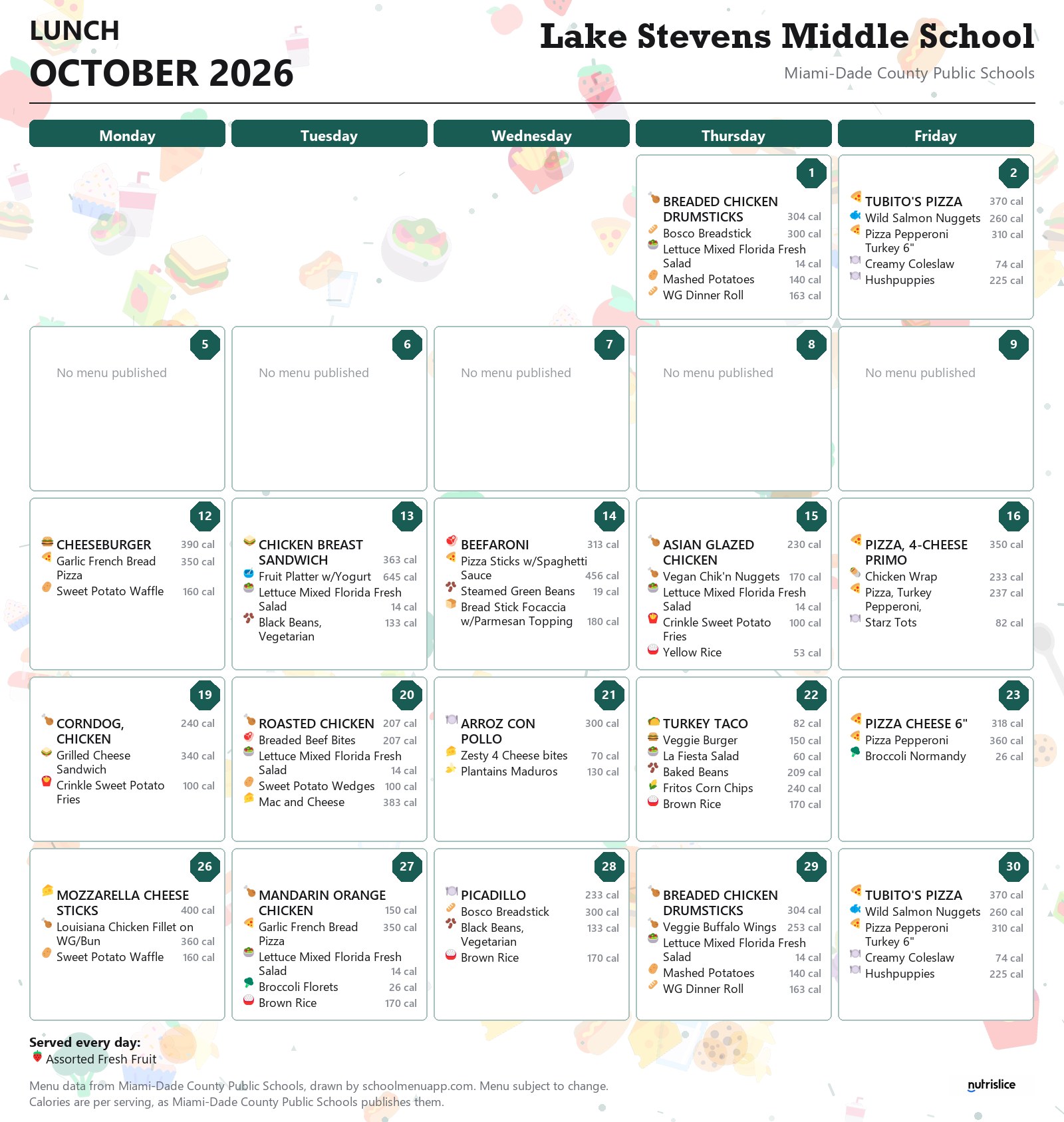 Lake Stevens Middle School lunch menu for October 2026 &mdash; Miami-Dade County Public Schools