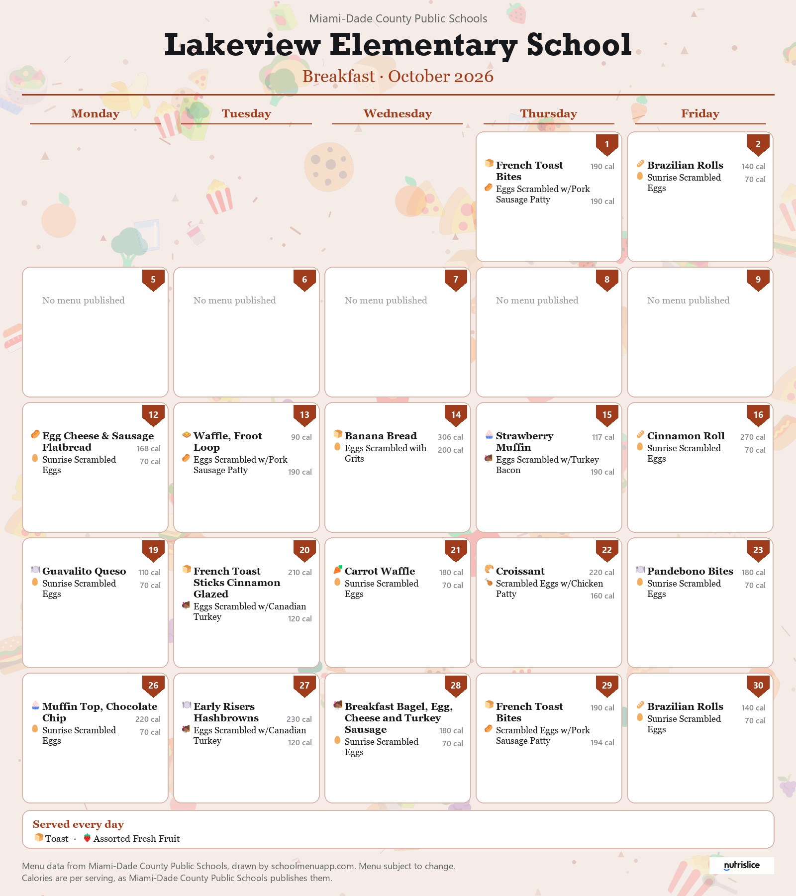 Lakeview Elementary School breakfast menu for October 2026 &mdash; Miami-Dade County Public Schools