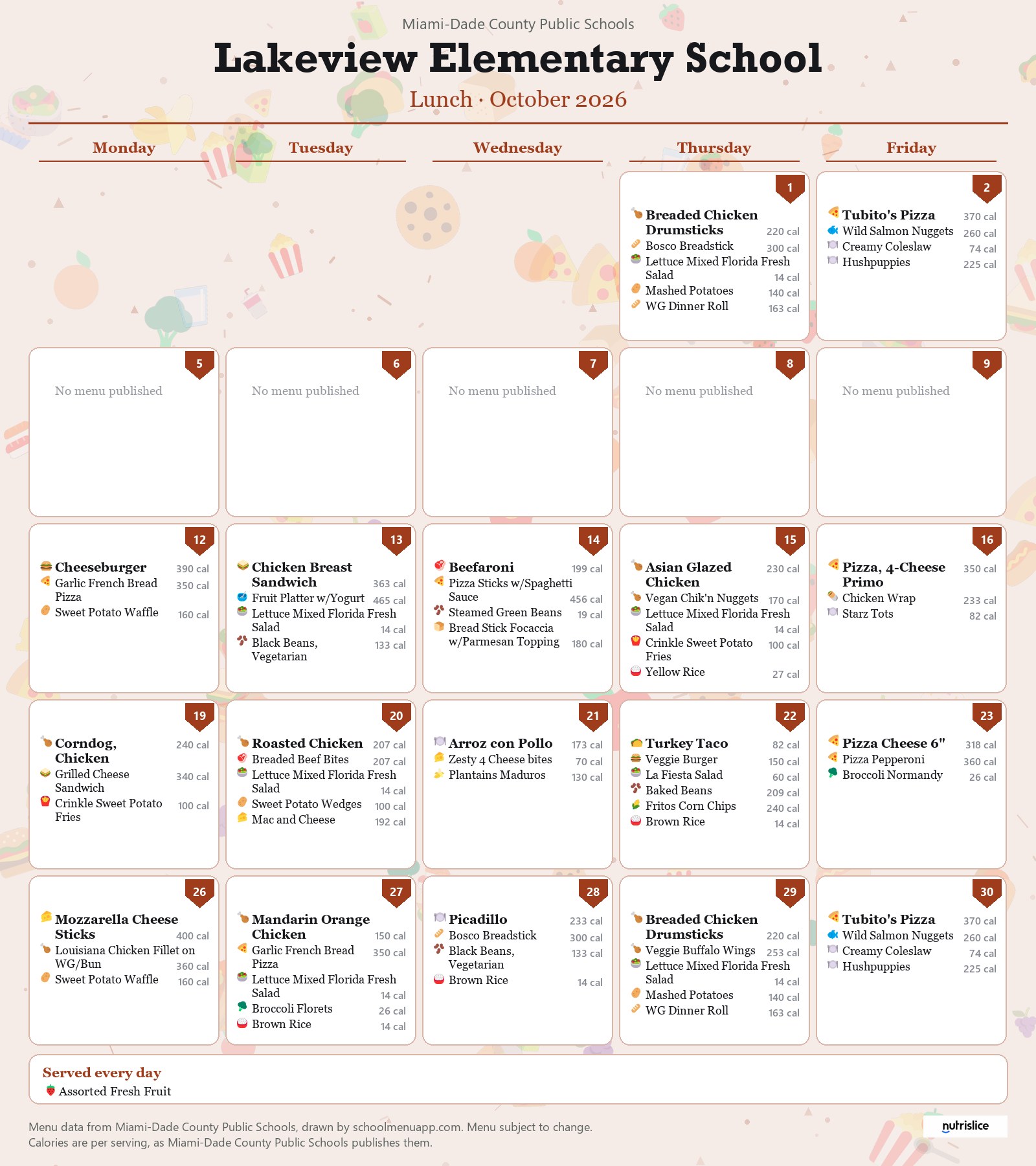 Lakeview Elementary School lunch menu for October 2026 &mdash; Miami-Dade County Public Schools