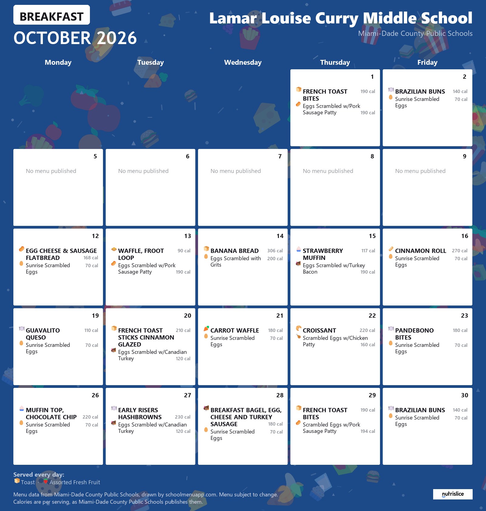 Lamar Louise Curry Middle School breakfast menu for October 2026 &mdash; Miami-Dade County Public Schools