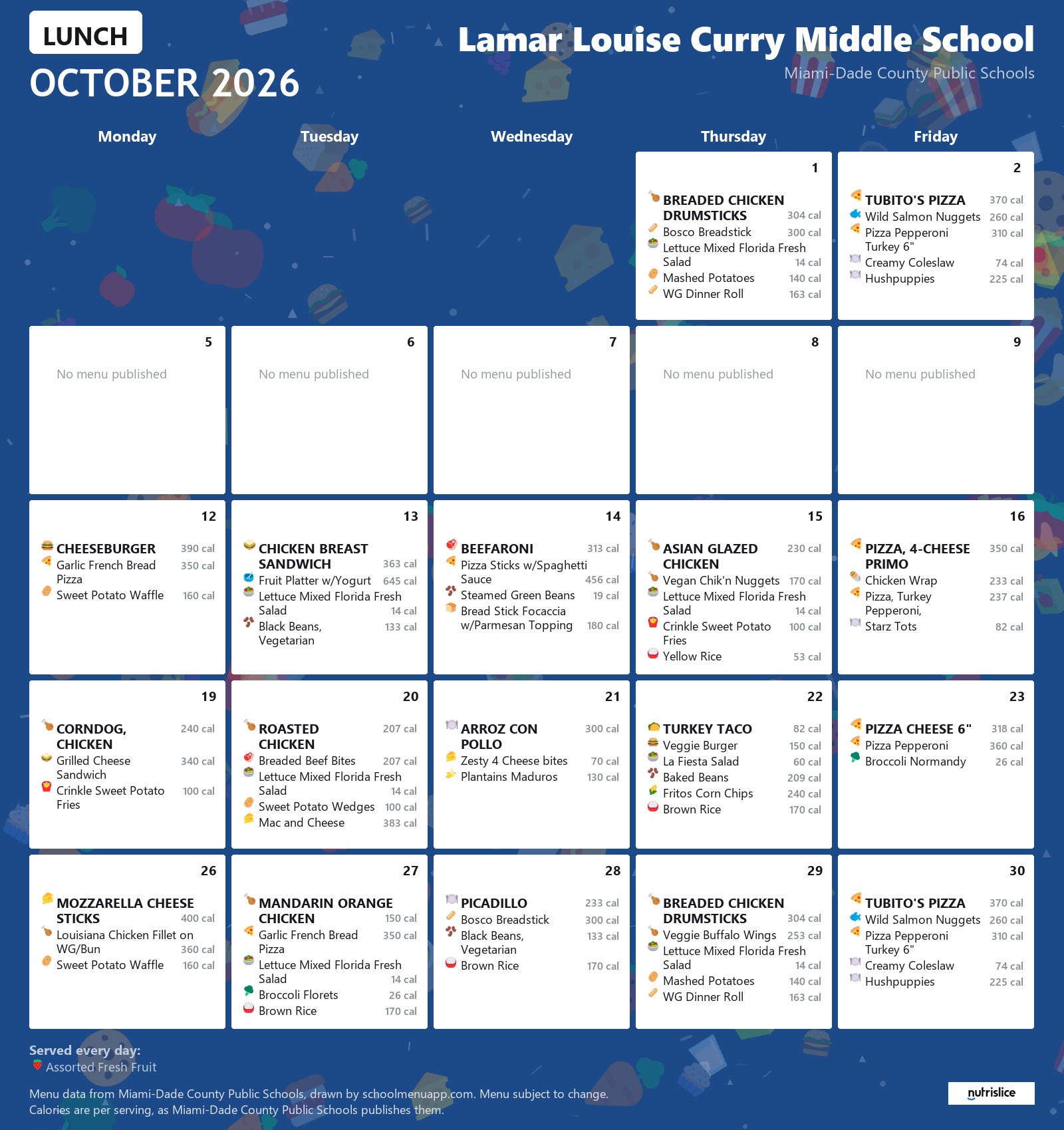 Lamar Louise Curry Middle School lunch menu for October 2026 &mdash; Miami-Dade County Public Schools