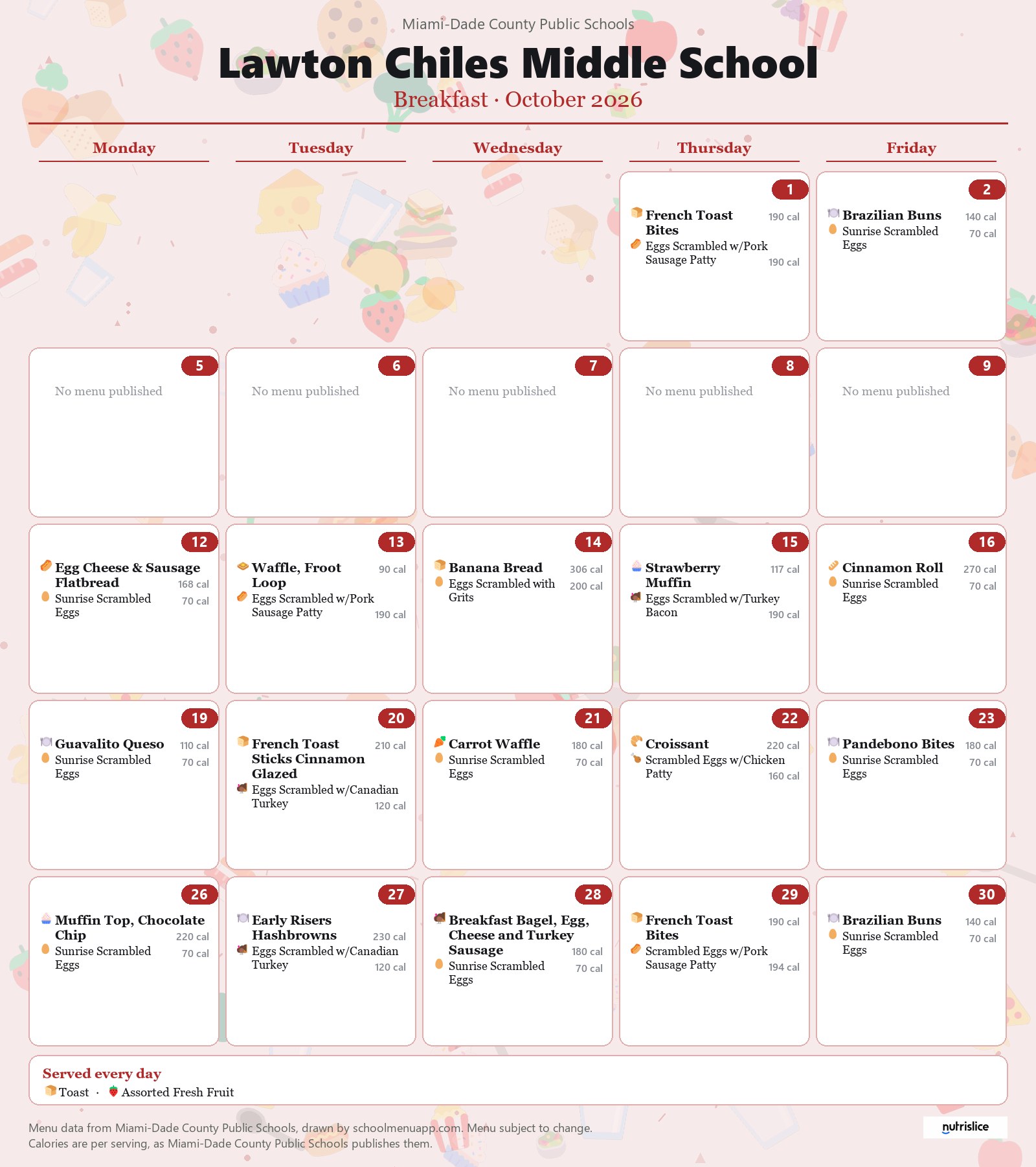 Lawton Chiles Middle School breakfast menu for October 2026 &mdash; Miami-Dade County Public Schools
