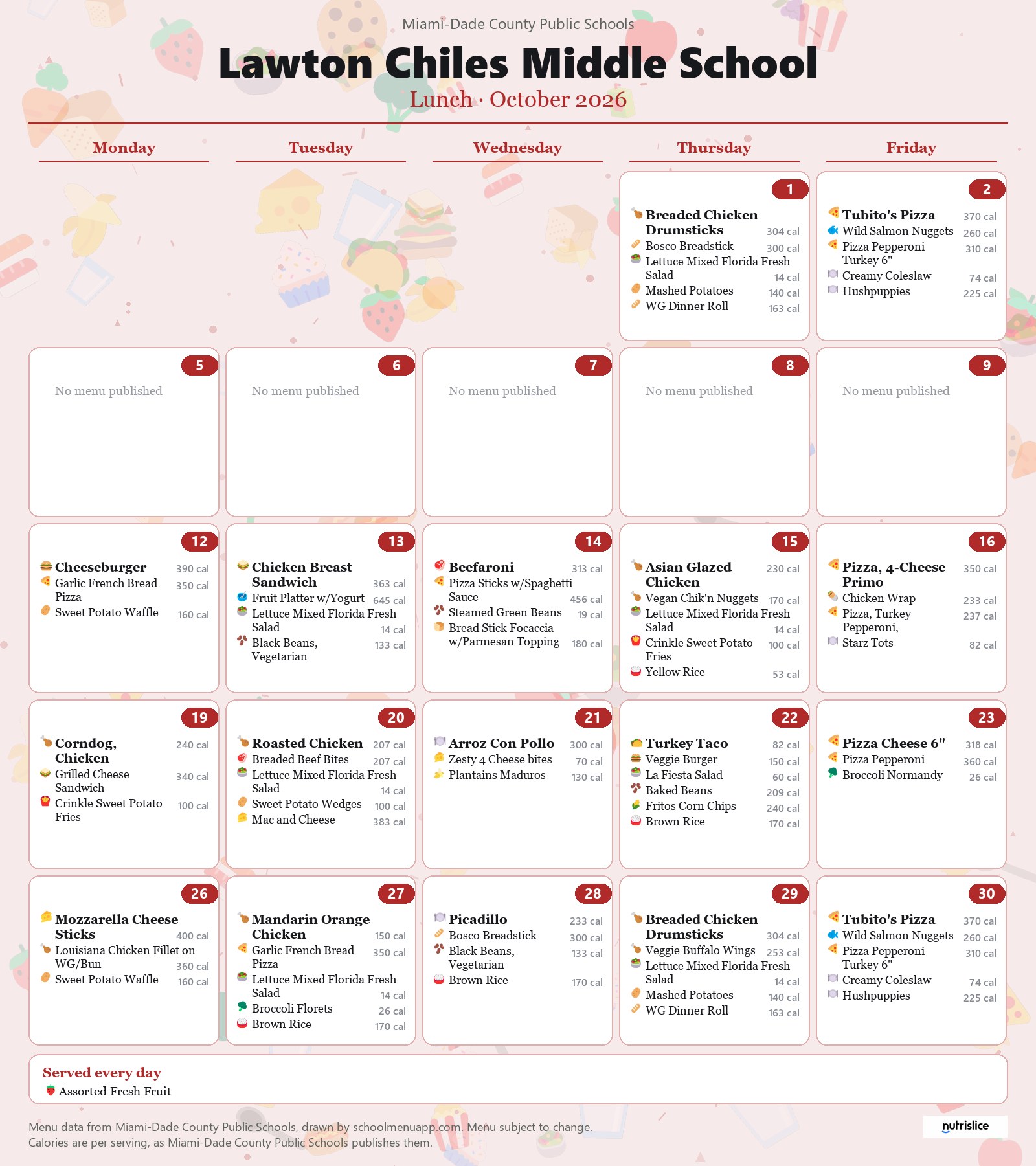 Lawton Chiles Middle School lunch menu for October 2026 &mdash; Miami-Dade County Public Schools