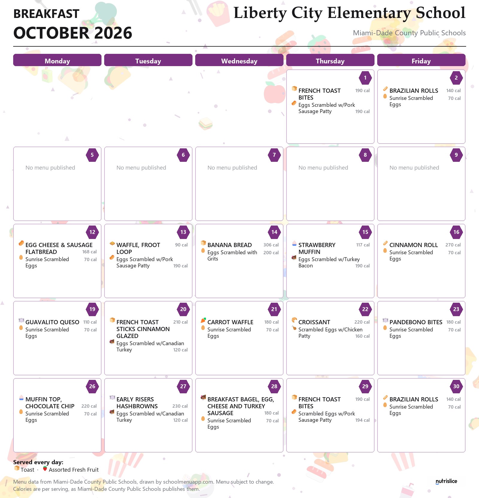 Liberty City Elementary School breakfast menu for October 2026 &mdash; Miami-Dade County Public Schools