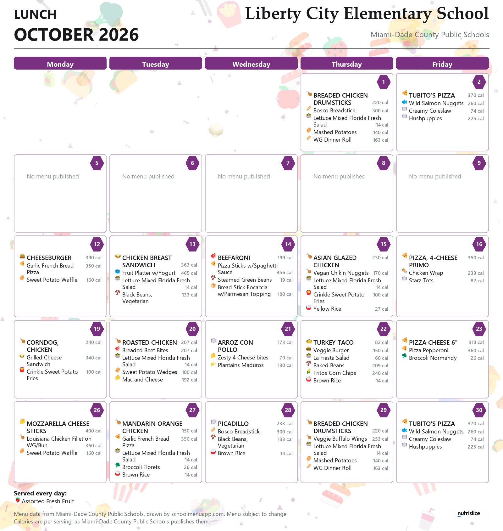 Liberty City Elementary School lunch menu for October 2026 &mdash; Miami-Dade County Public Schools