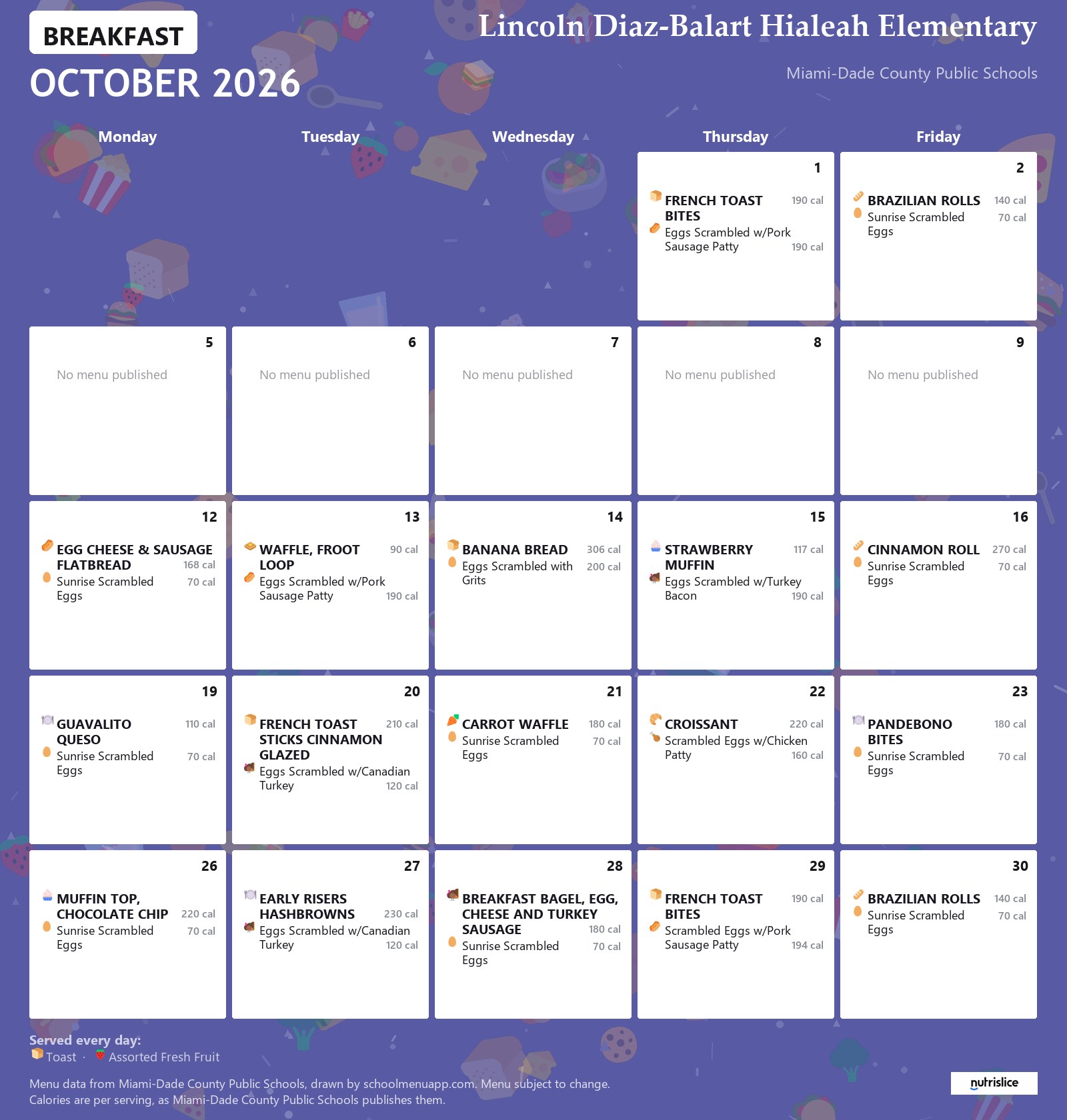 Lincoln Diaz-Balart Hialeah Elementary breakfast menu for October 2026 &mdash; Miami-Dade County Public Schools