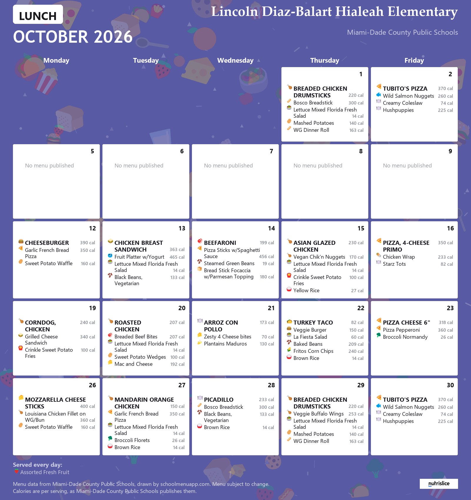 Lincoln Diaz-Balart Hialeah Elementary lunch menu for October 2026 &mdash; Miami-Dade County Public Schools