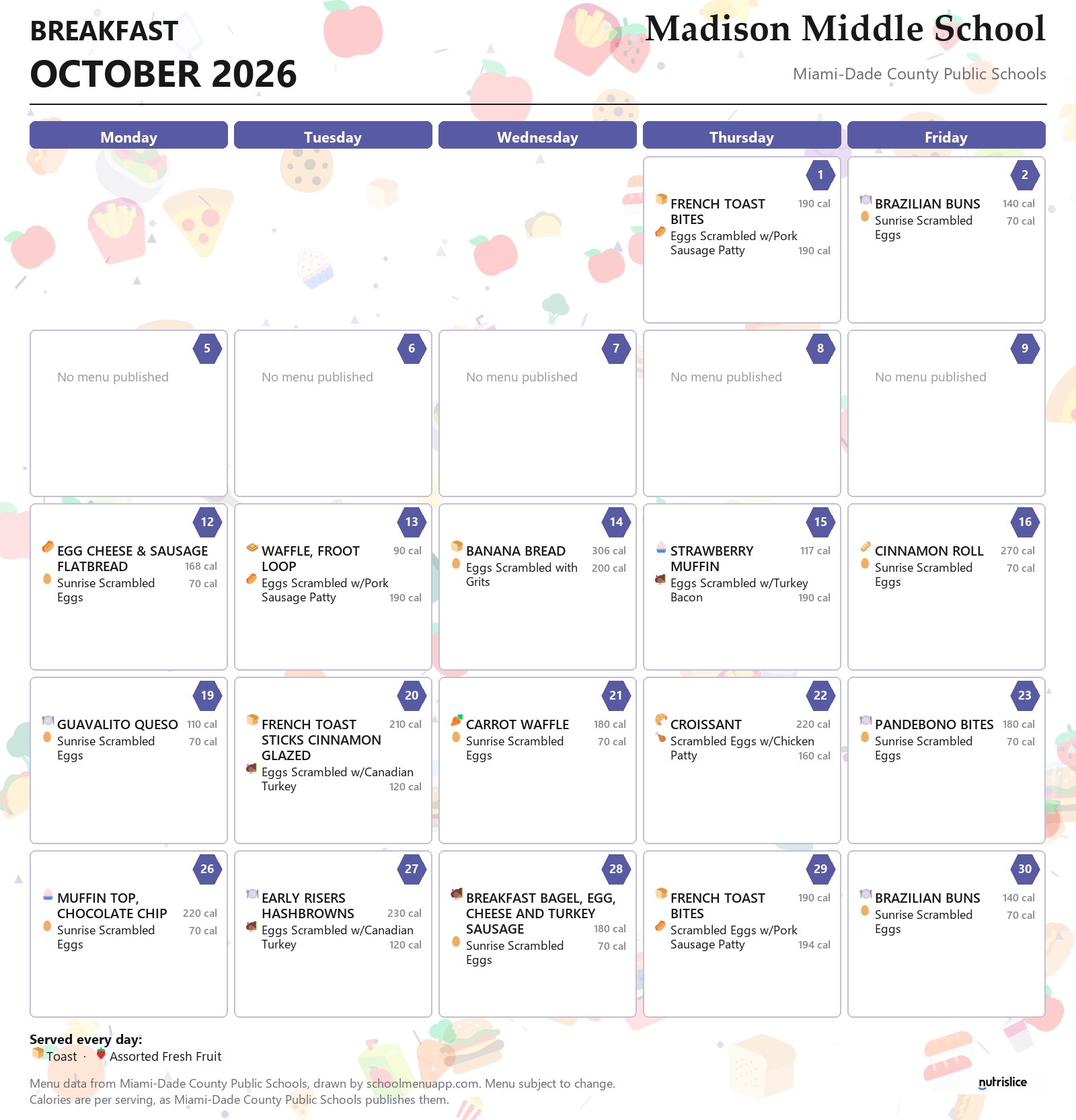 Madison Middle School breakfast menu for October 2026 &mdash; Miami-Dade County Public Schools