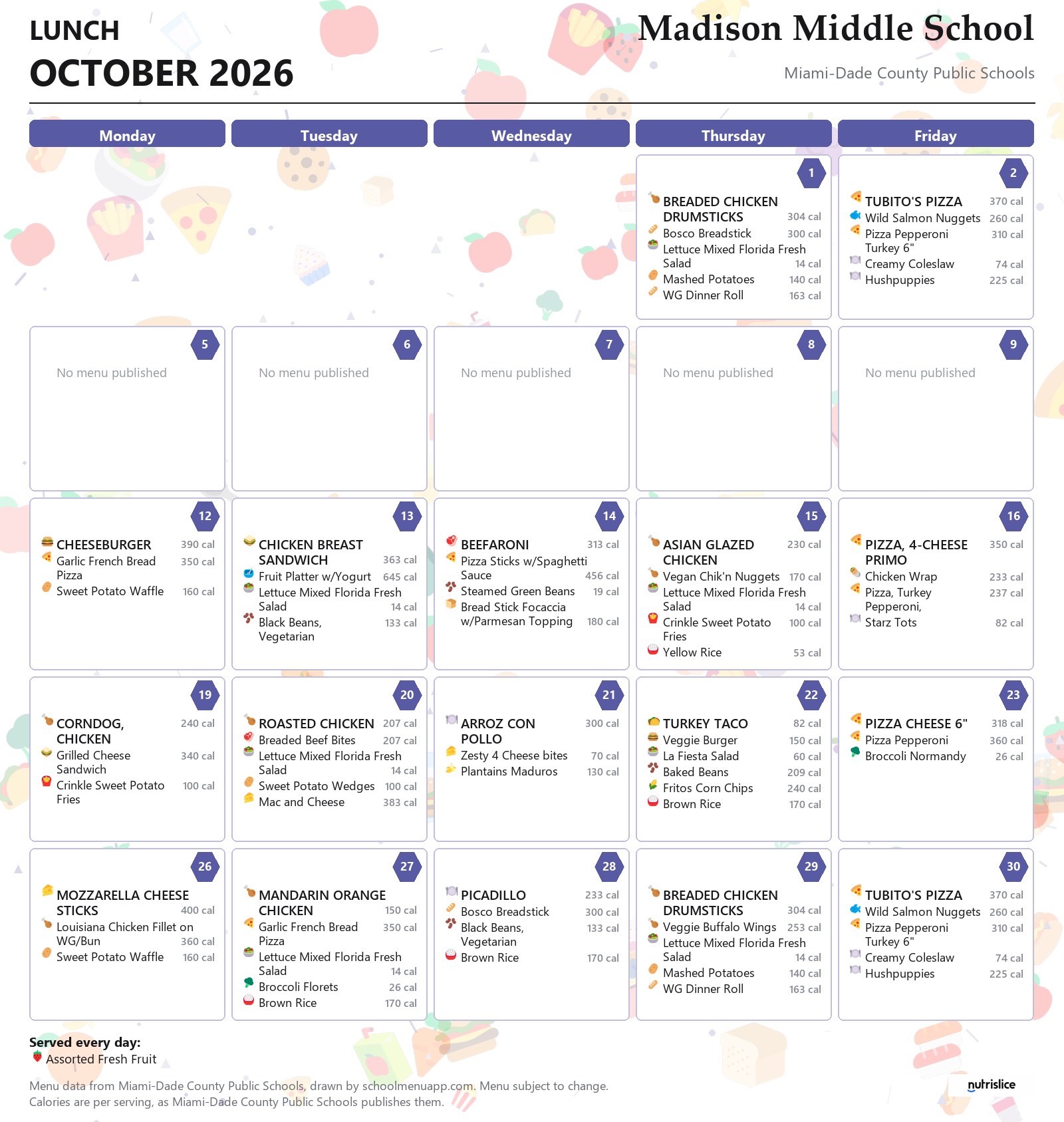 Madison Middle School lunch menu for October 2026 &mdash; Miami-Dade County Public Schools