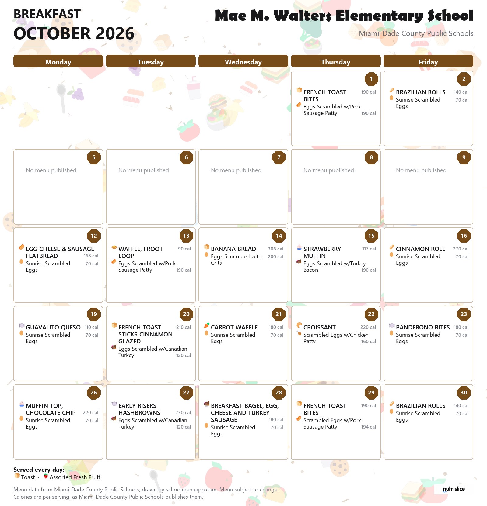 Mae M. Walters Elementary School breakfast menu for October 2026 &mdash; Miami-Dade County Public Schools