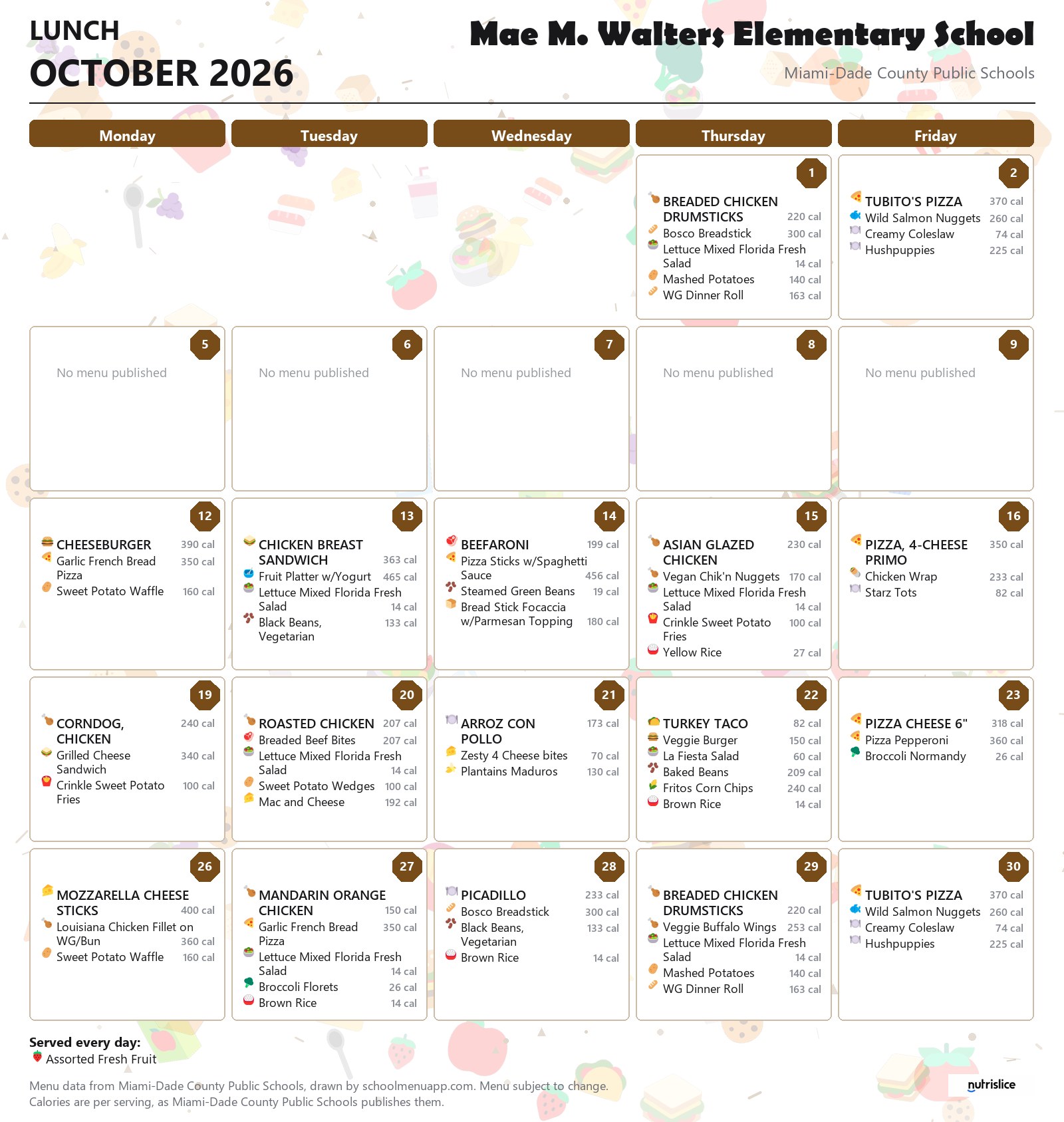 Mae M. Walters Elementary School lunch menu for October 2026 &mdash; Miami-Dade County Public Schools