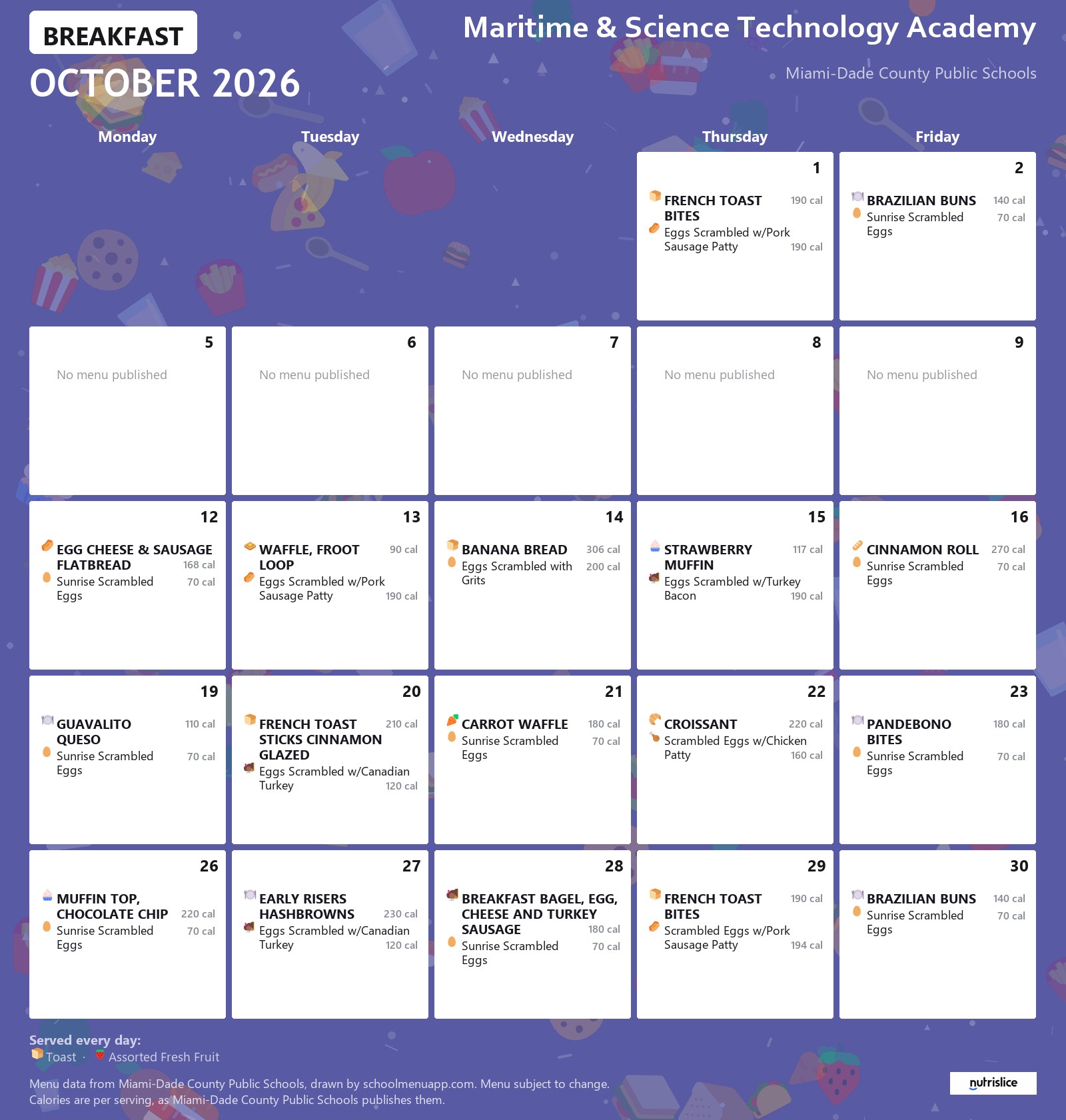 Maritime & Science Technology Academy breakfast menu for October 2026 &mdash; Miami-Dade County Public Schools