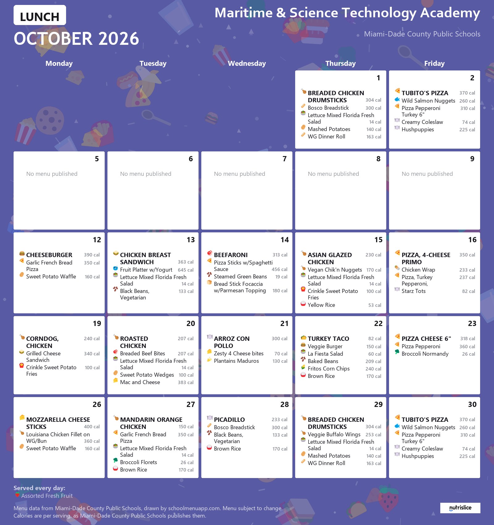 Maritime & Science Technology Academy lunch menu for October 2026 &mdash; Miami-Dade County Public Schools