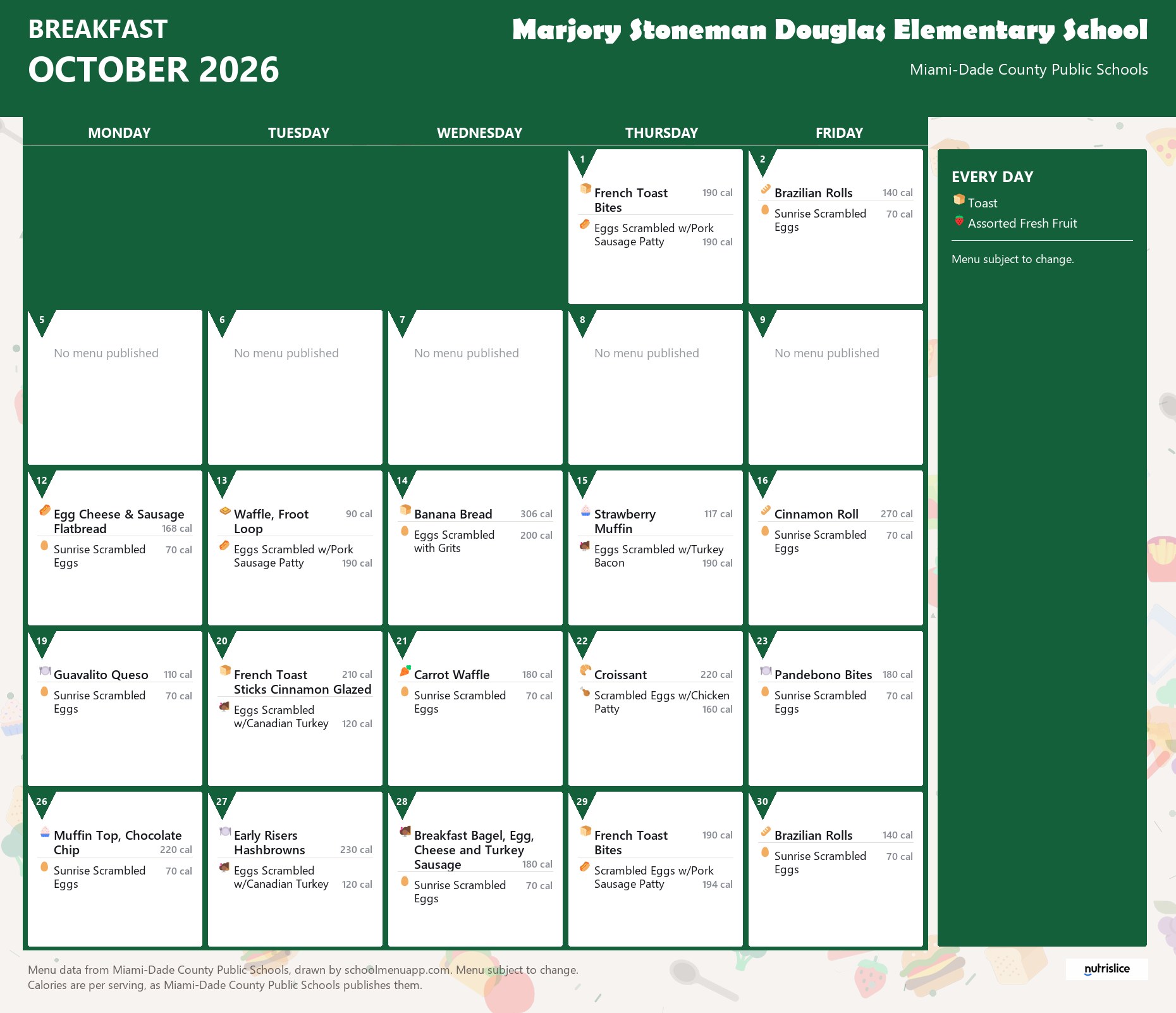 Marjory Stoneman Douglas Elementary School breakfast menu for October 2026 &mdash; Miami-Dade County Public Schools