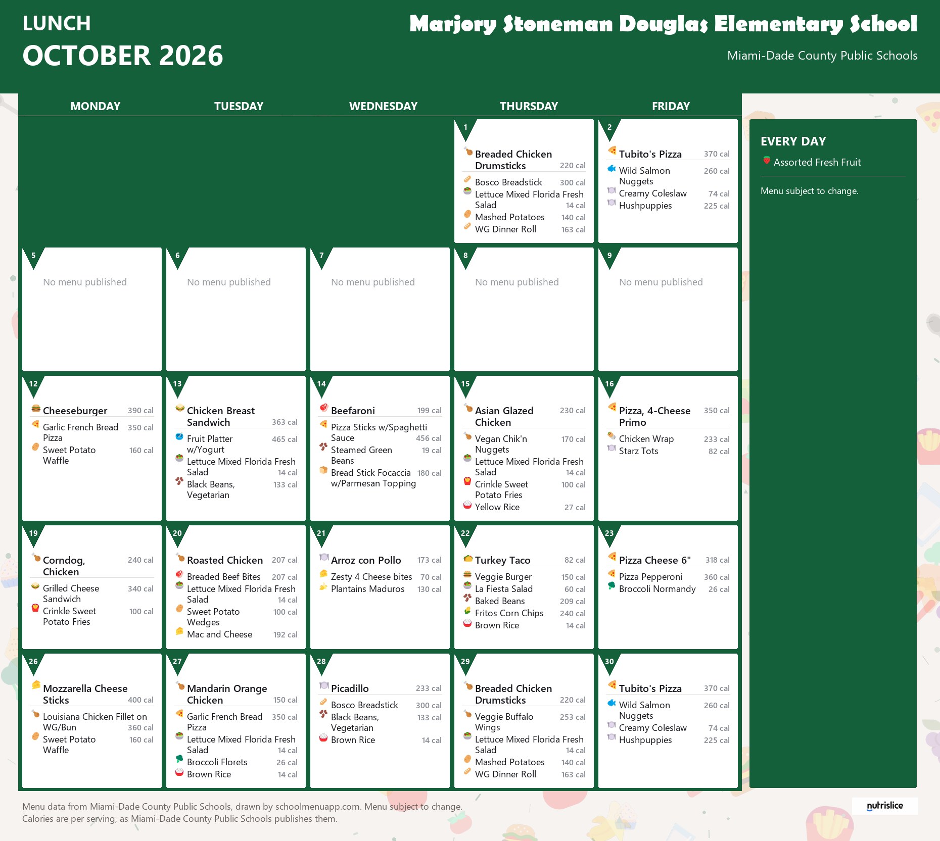 Marjory Stoneman Douglas Elementary School lunch menu for October 2026 &mdash; Miami-Dade County Public Schools