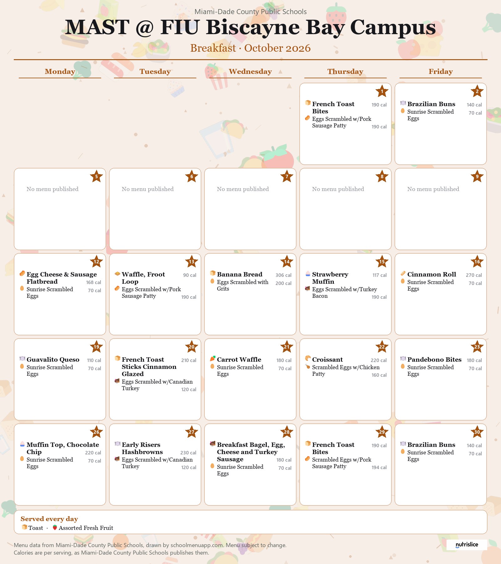 MAST @ FIU Biscayne Bay Campus breakfast menu for October 2026 &mdash; Miami-Dade County Public Schools
