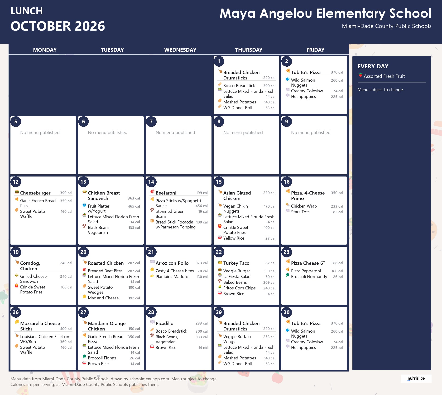 Maya Angelou Elementary School lunch menu for October 2026 &mdash; Miami-Dade County Public Schools