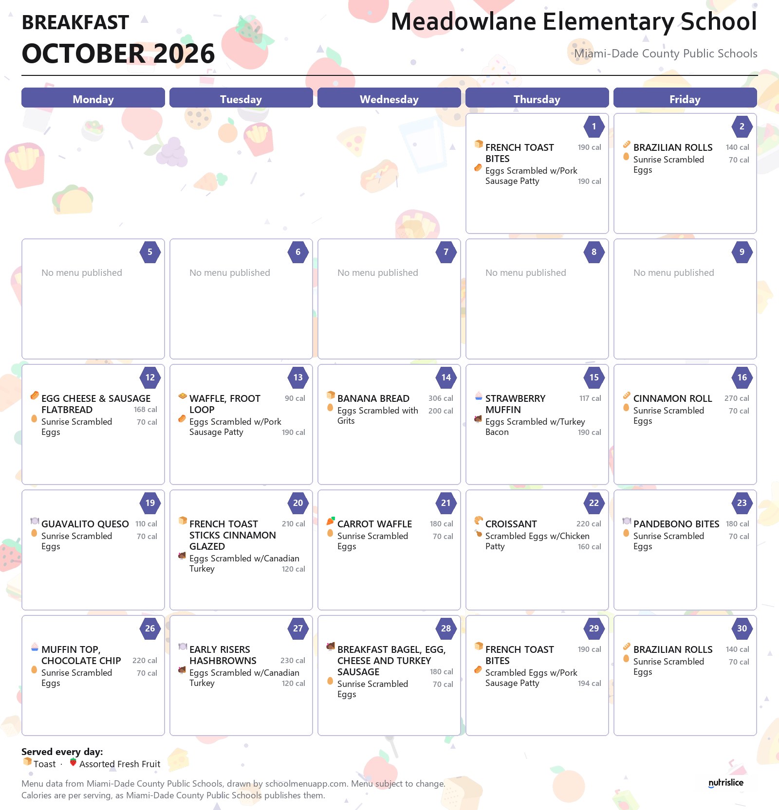Meadowlane Elementary School breakfast menu for October 2026 &mdash; Miami-Dade County Public Schools