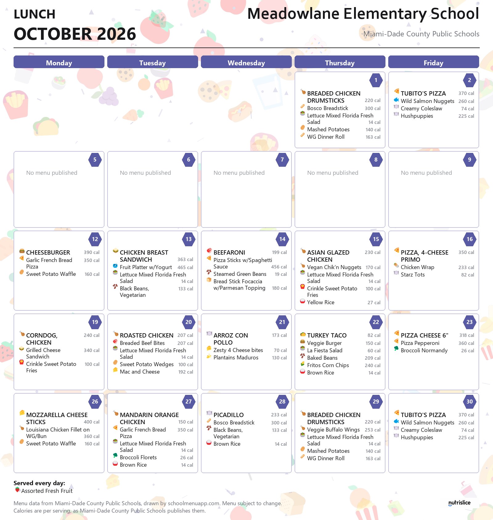 Meadowlane Elementary School lunch menu for October 2026 &mdash; Miami-Dade County Public Schools