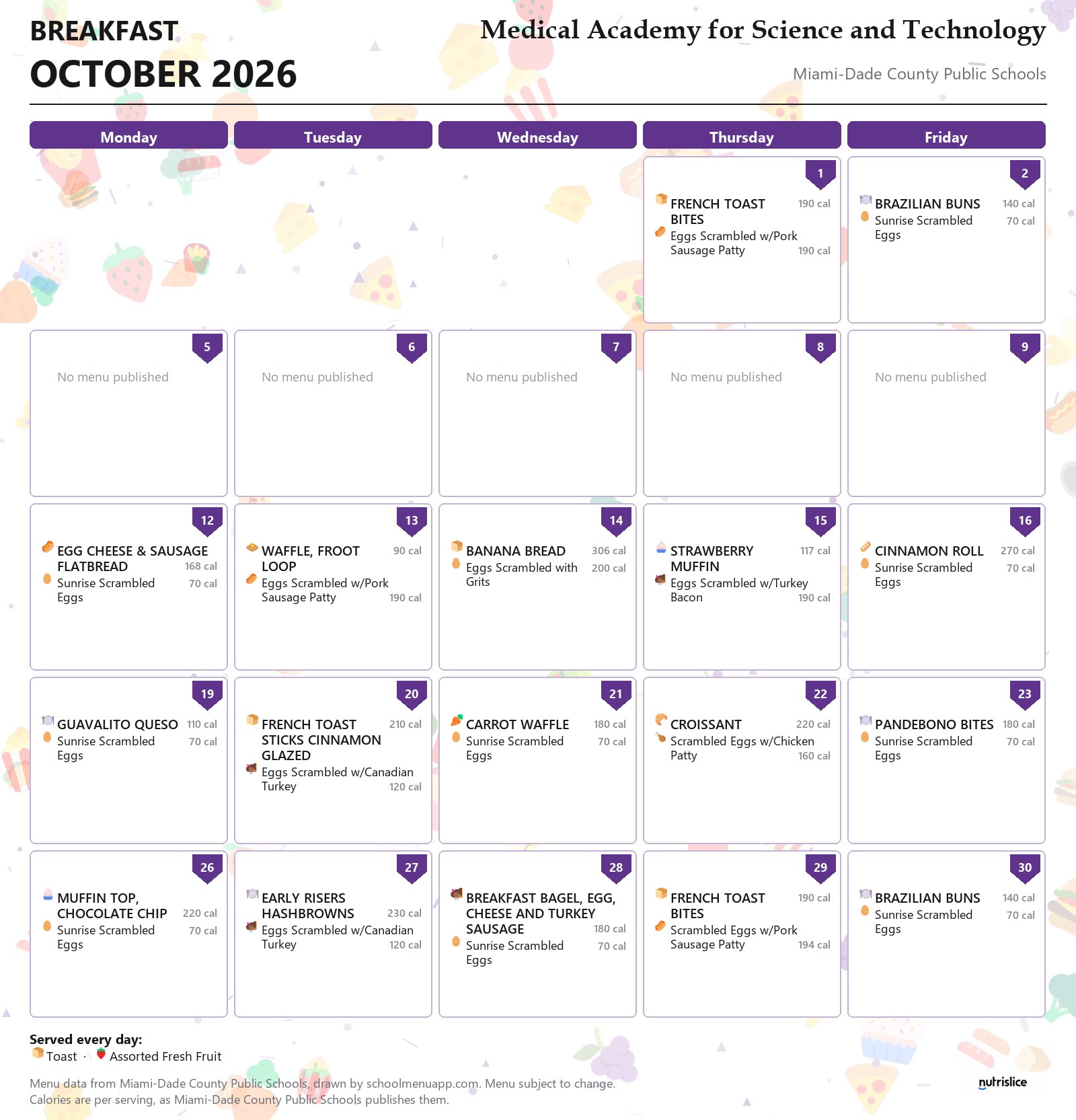 Medical Academy for Science and Technology breakfast menu for October 2026 &mdash; Miami-Dade County Public Schools