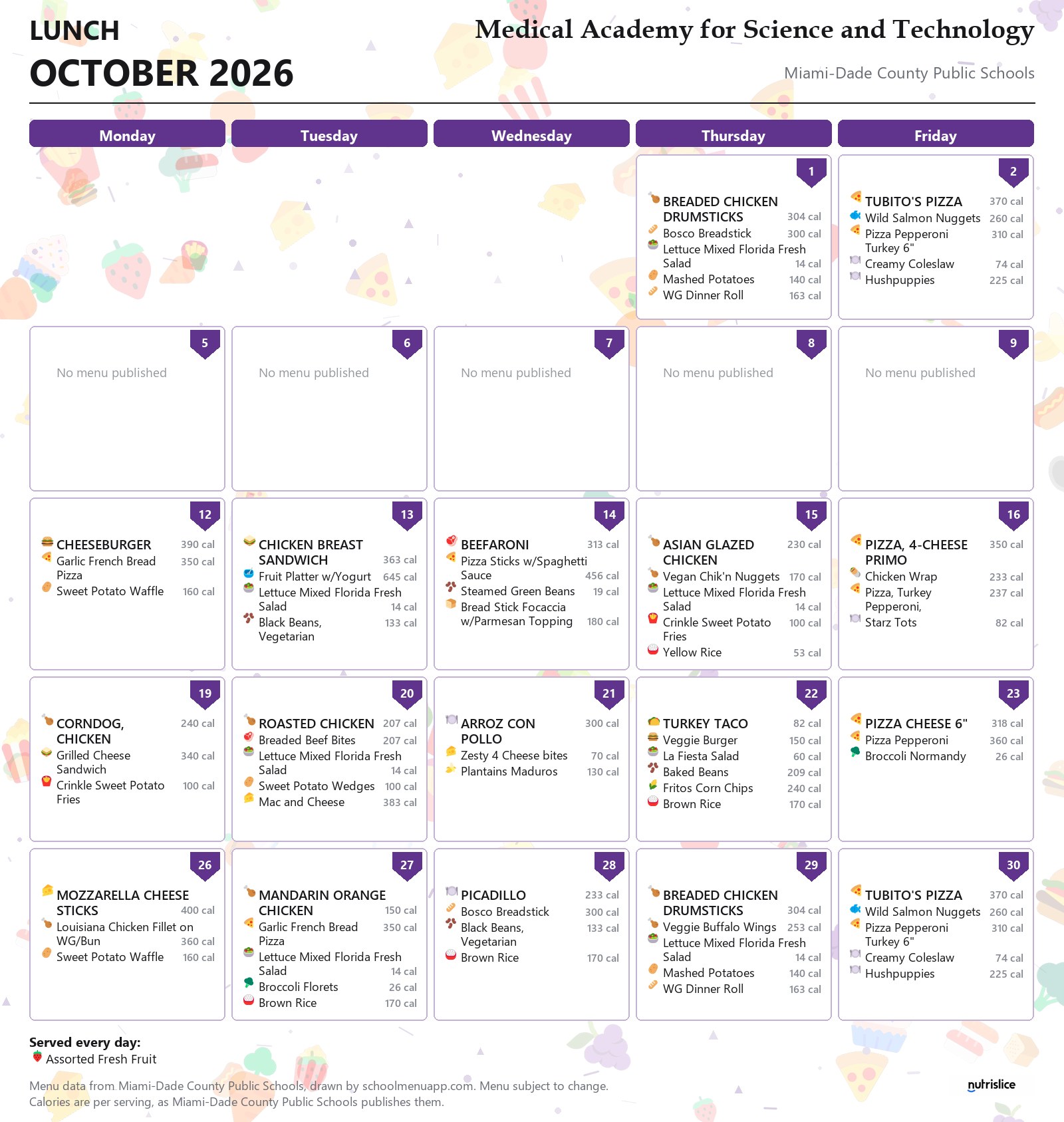 Medical Academy for Science and Technology lunch menu for October 2026 &mdash; Miami-Dade County Public Schools