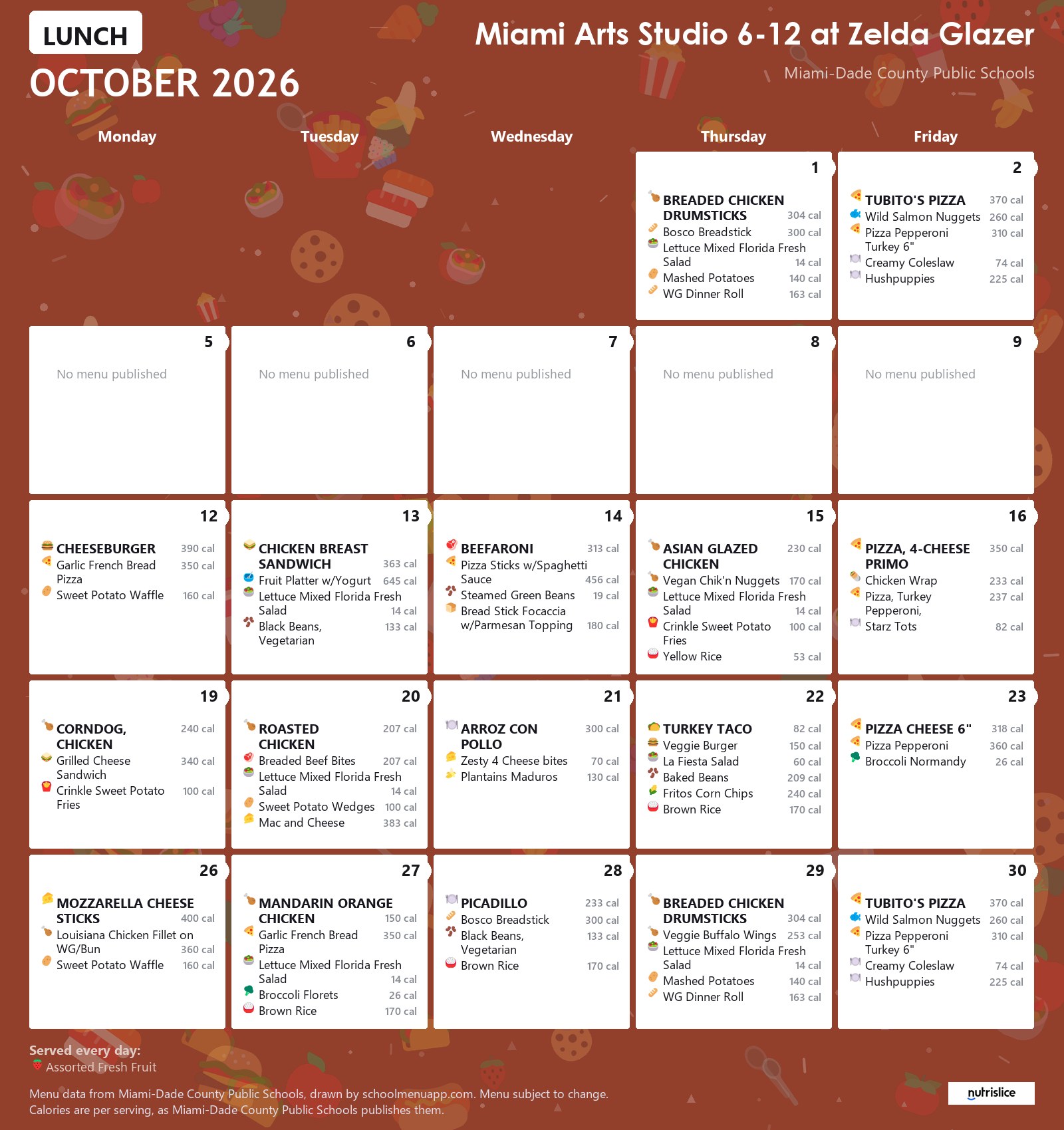 Miami Arts Studio 6-12 at Zelda Glazer lunch menu for October 2026 &mdash; Miami-Dade County Public Schools