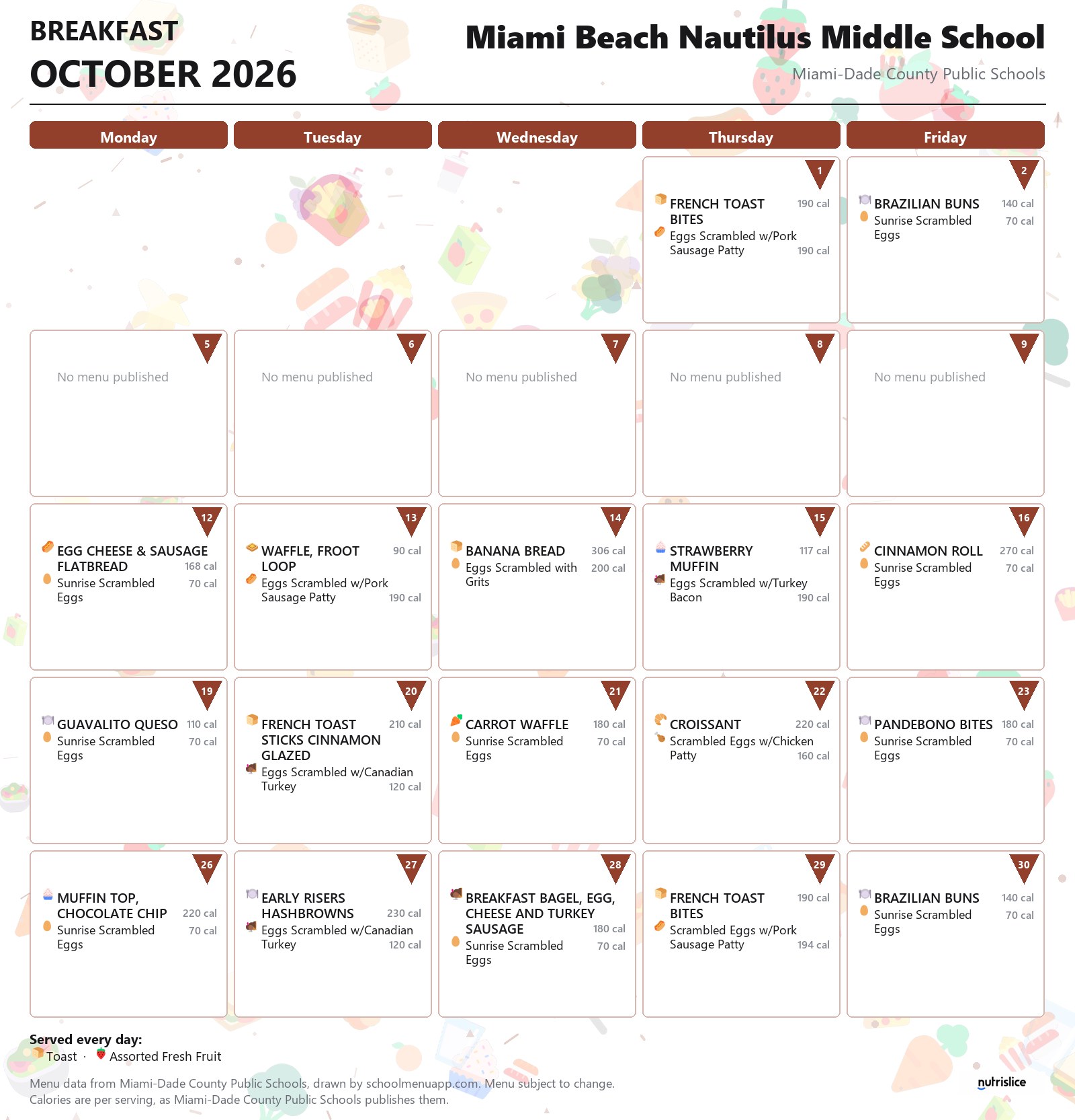 Miami Beach Nautilus Middle School breakfast menu for October 2026 &mdash; Miami-Dade County Public Schools