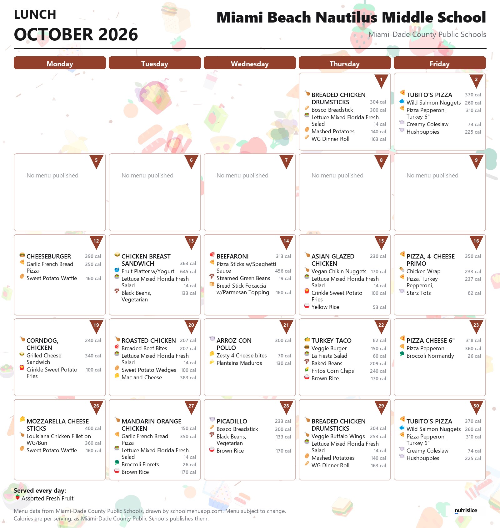 Miami Beach Nautilus Middle School lunch menu for October 2026 &mdash; Miami-Dade County Public Schools