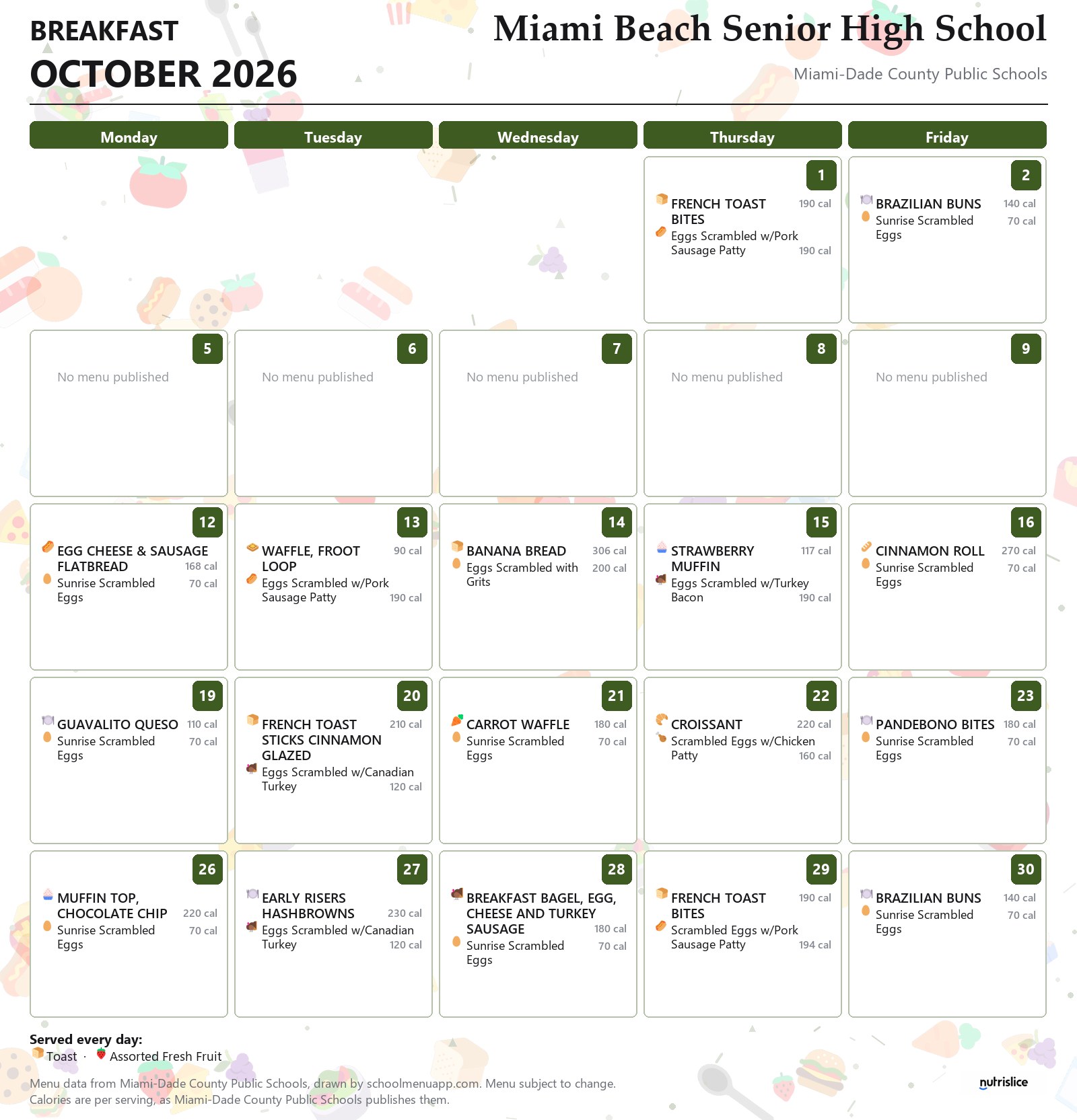 Miami Beach Senior High School breakfast menu for October 2026 &mdash; Miami-Dade County Public Schools