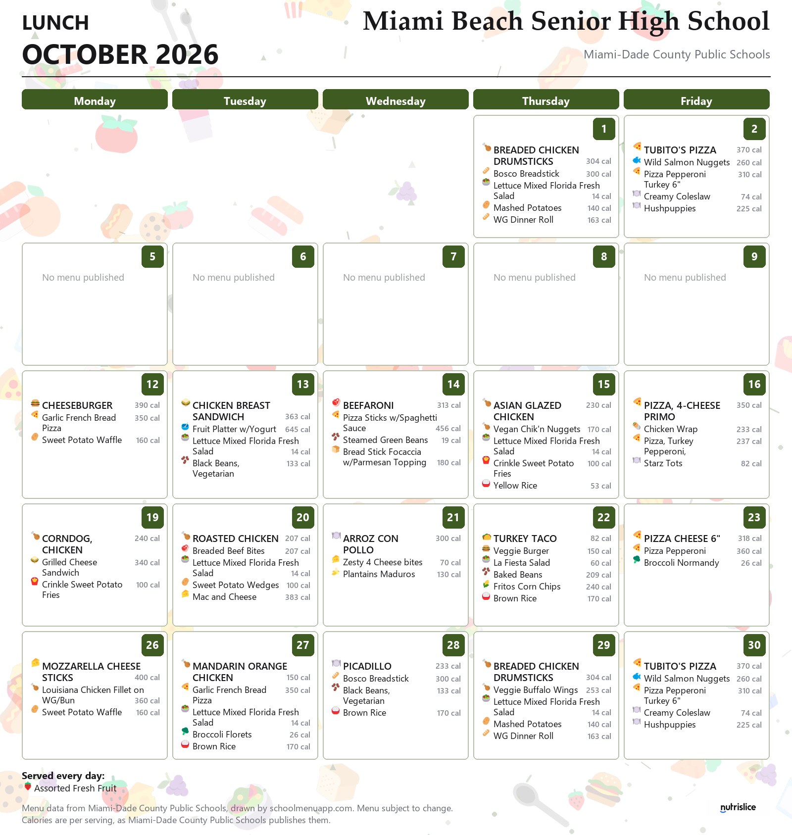 Miami Beach Senior High School lunch menu for October 2026 &mdash; Miami-Dade County Public Schools