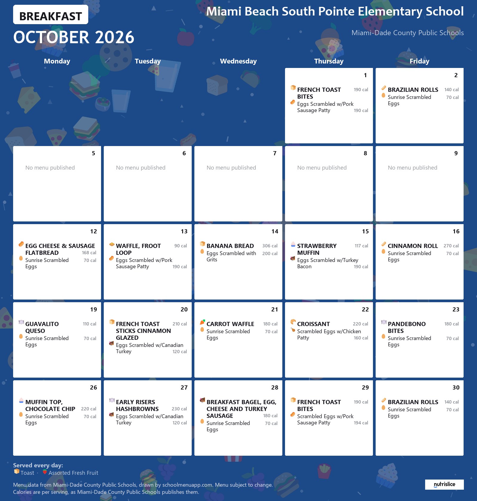 Miami Beach South Pointe Elementary School breakfast menu for October 2026 &mdash; Miami-Dade County Public Schools