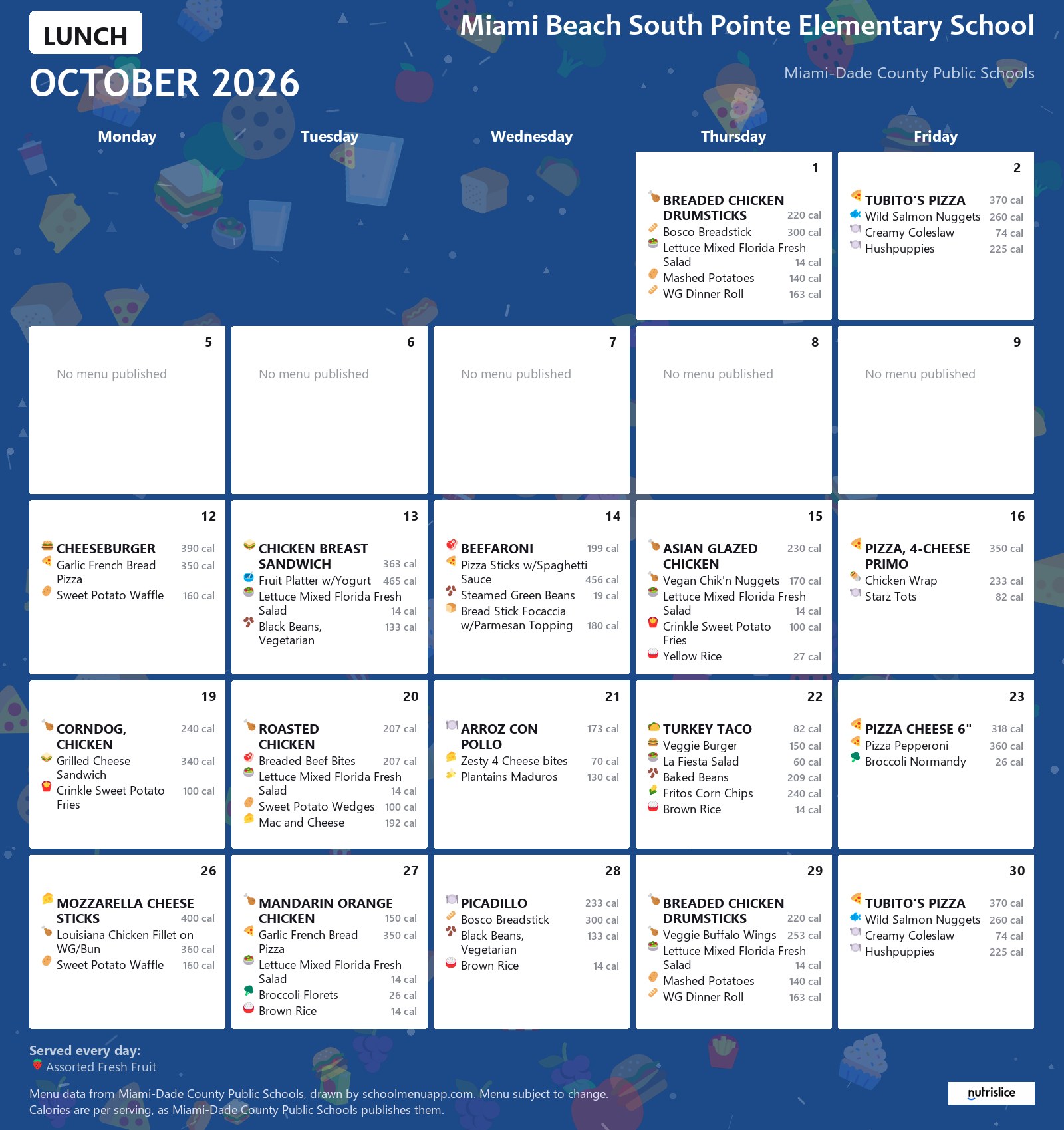 Miami Beach South Pointe Elementary School lunch menu for October 2026 &mdash; Miami-Dade County Public Schools