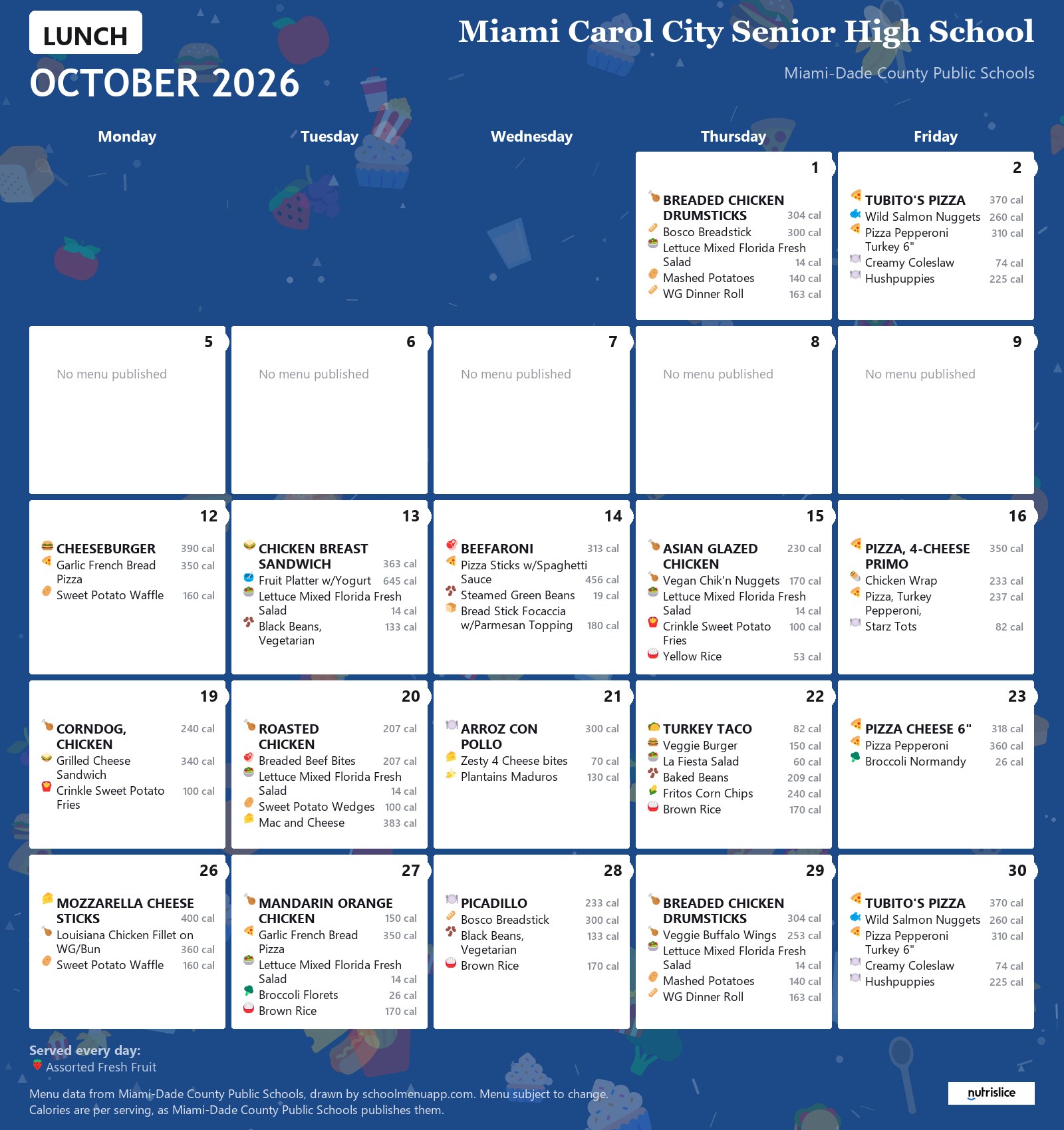 Miami Carol City Senior High School lunch menu for October 2026 &mdash; Miami-Dade County Public Schools
