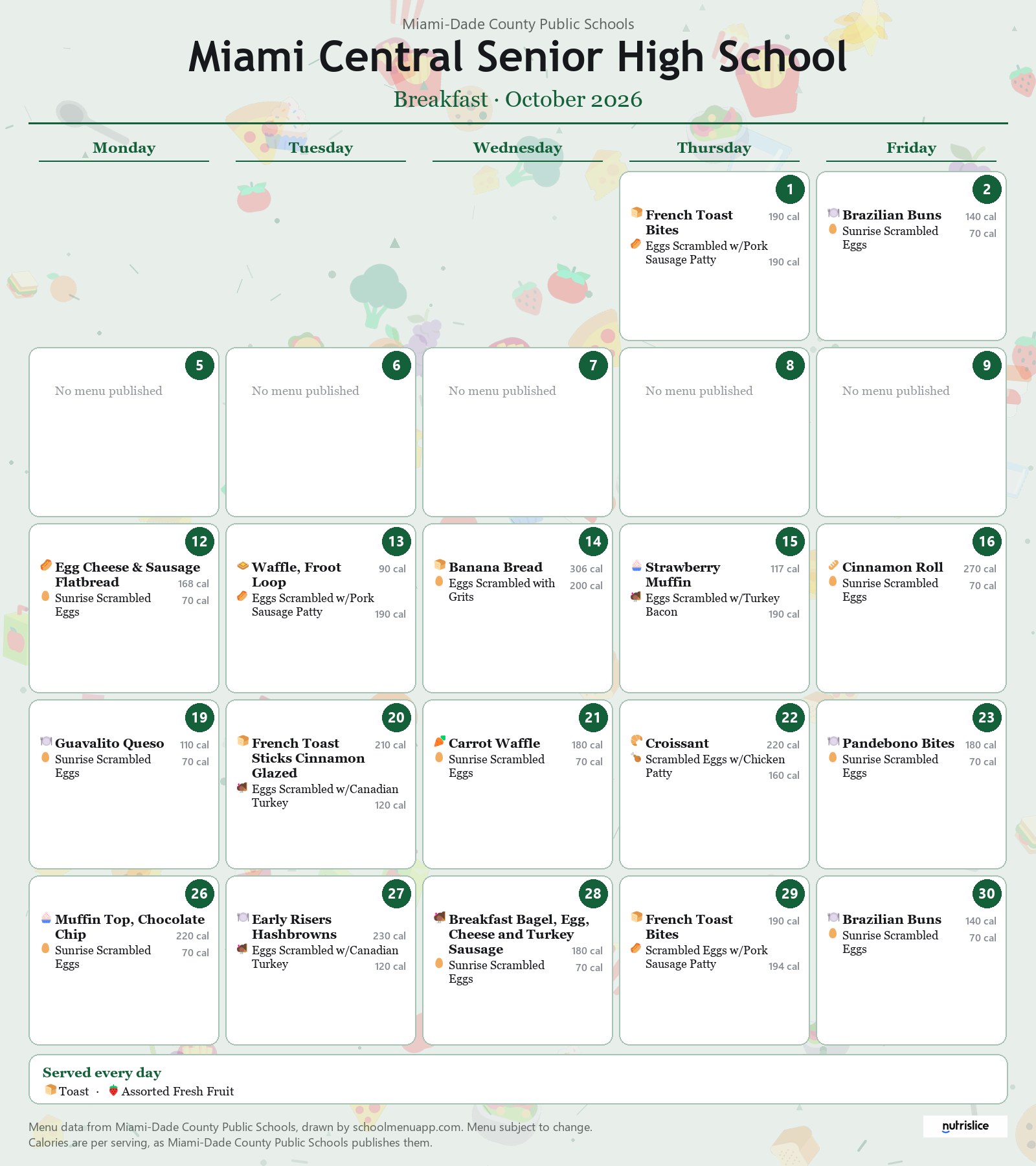 Miami Central Senior High School breakfast menu for October 2026 &mdash; Miami-Dade County Public Schools