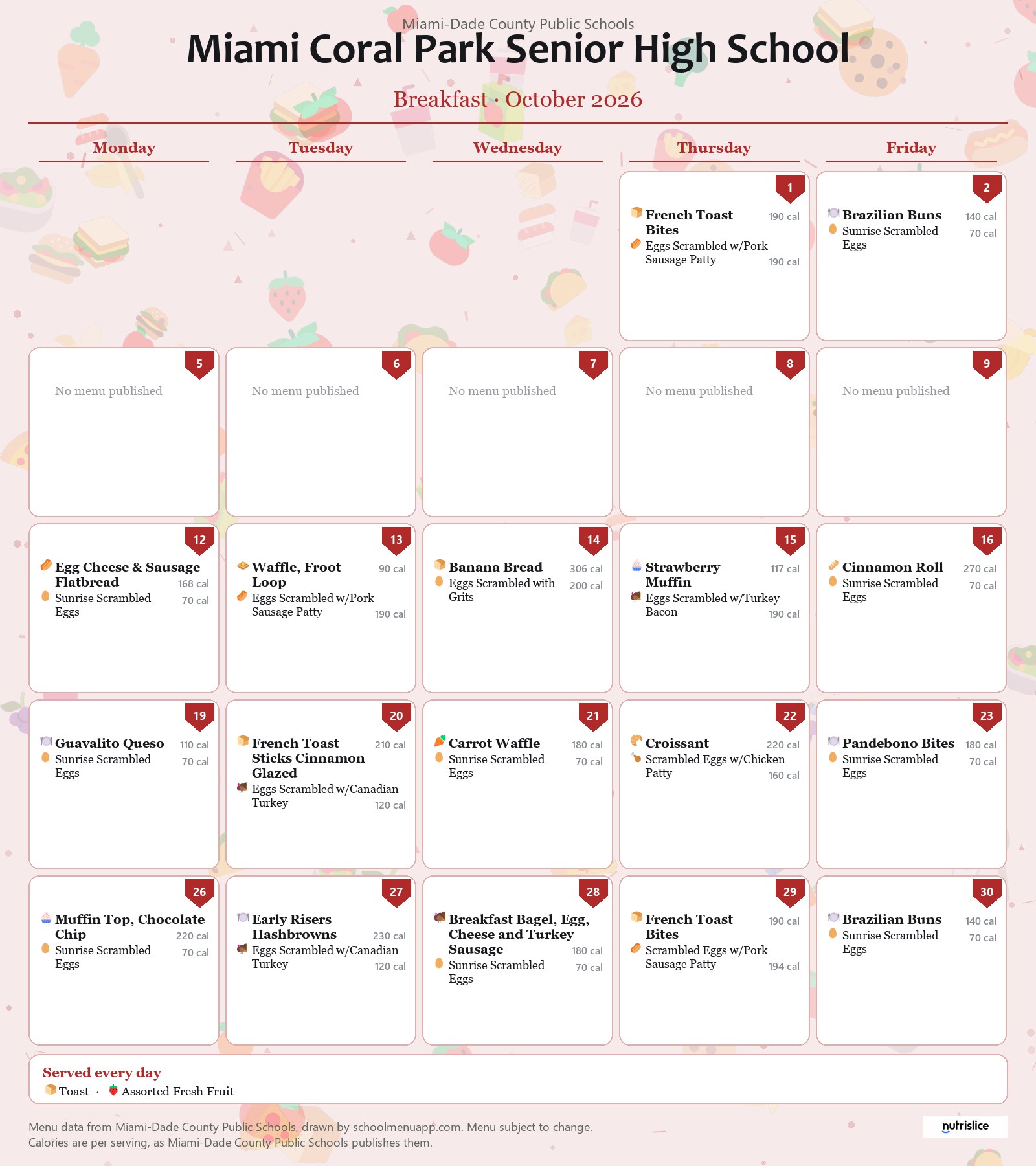 Miami Coral Park Senior High School breakfast menu for October 2026 &mdash; Miami-Dade County Public Schools