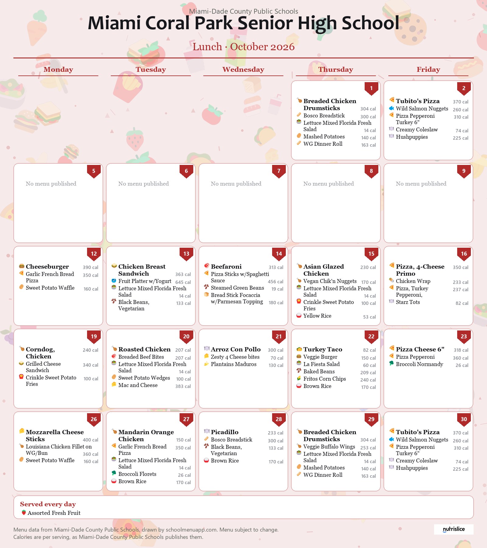 Miami Coral Park Senior High School lunch menu for October 2026 &mdash; Miami-Dade County Public Schools