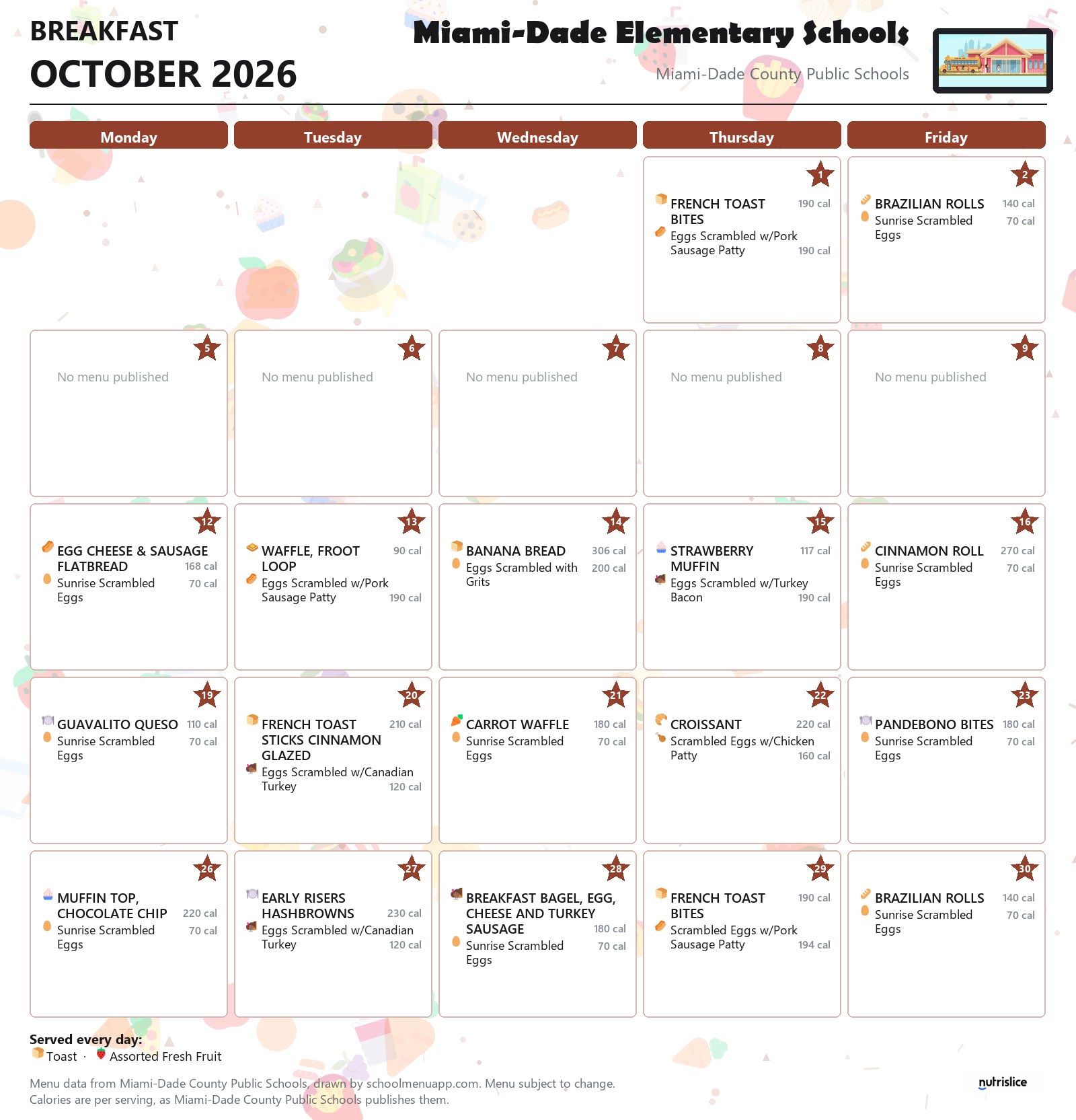 Miami-Dade Elementary Schools breakfast menu for October 2026 &mdash; Miami-Dade County Public Schools