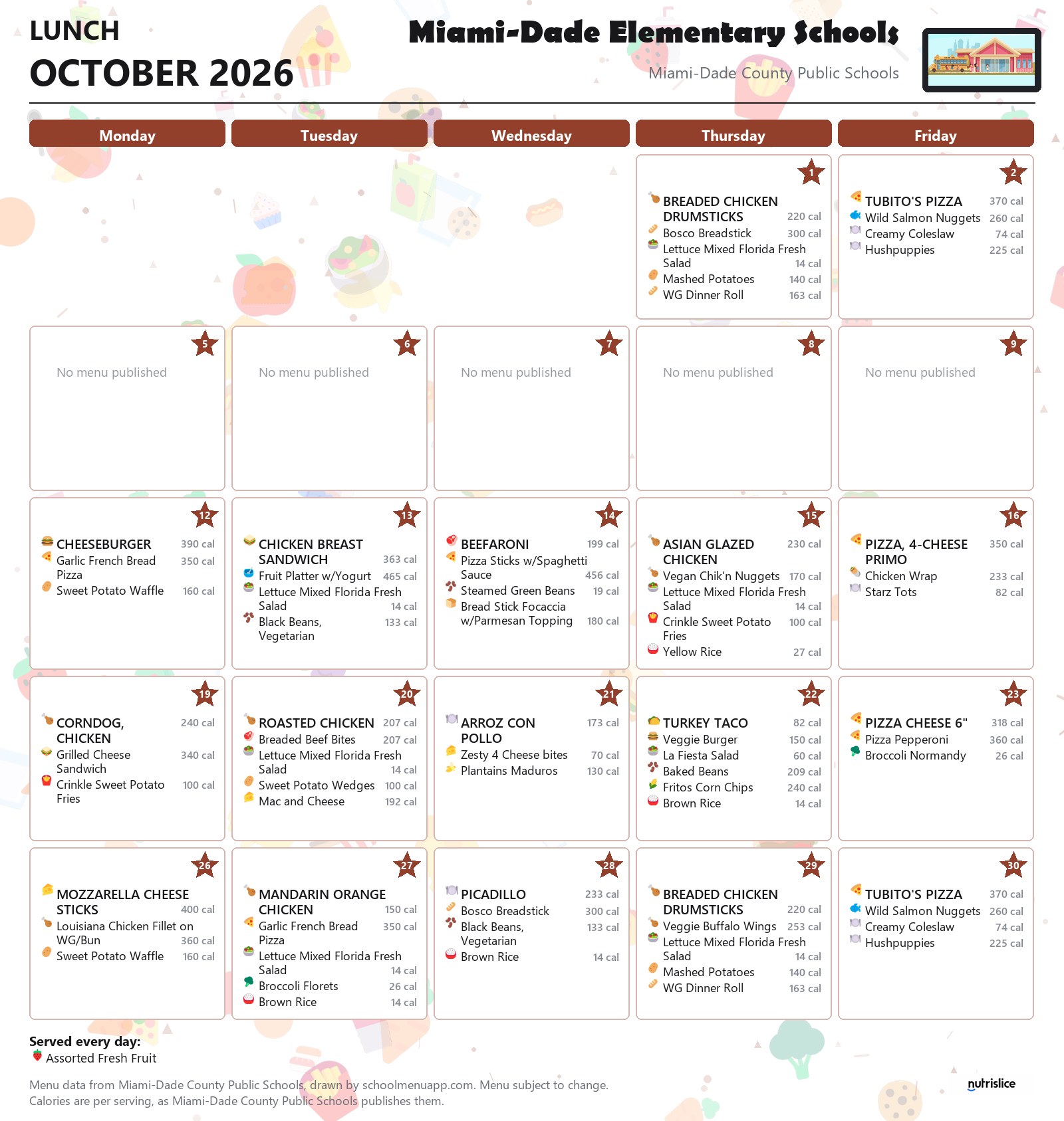 Miami-Dade Elementary Schools lunch menu for October 2026 &mdash; Miami-Dade County Public Schools