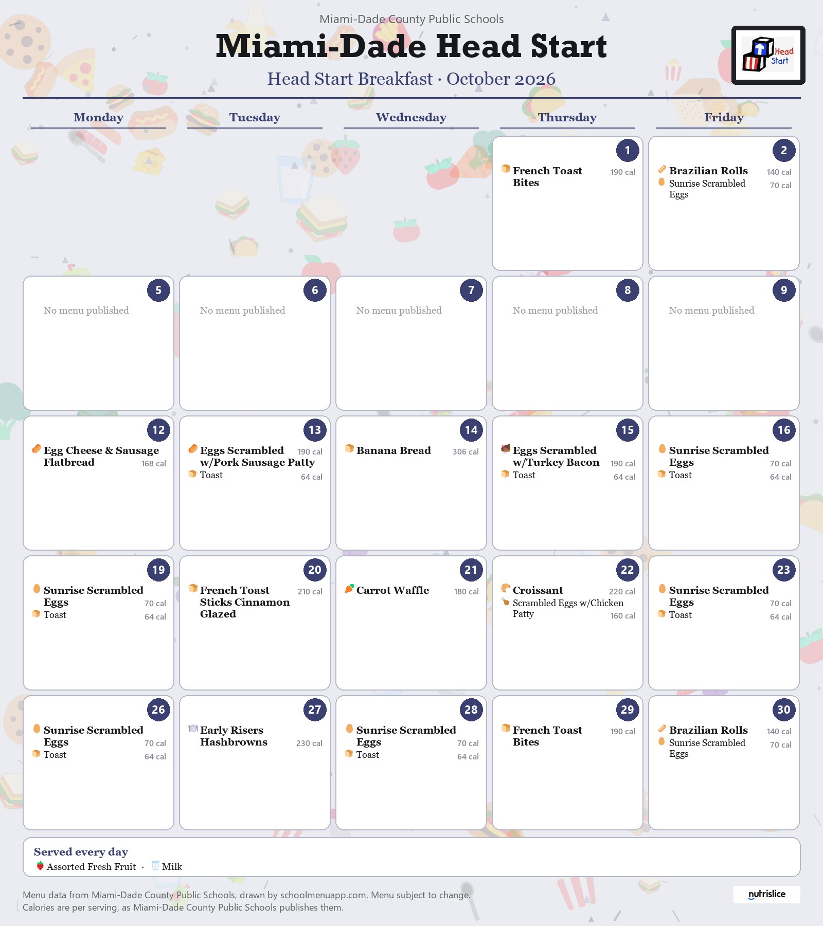Miami-Dade Head Start breakfast menu for October 2026 &mdash; Miami-Dade County Public Schools