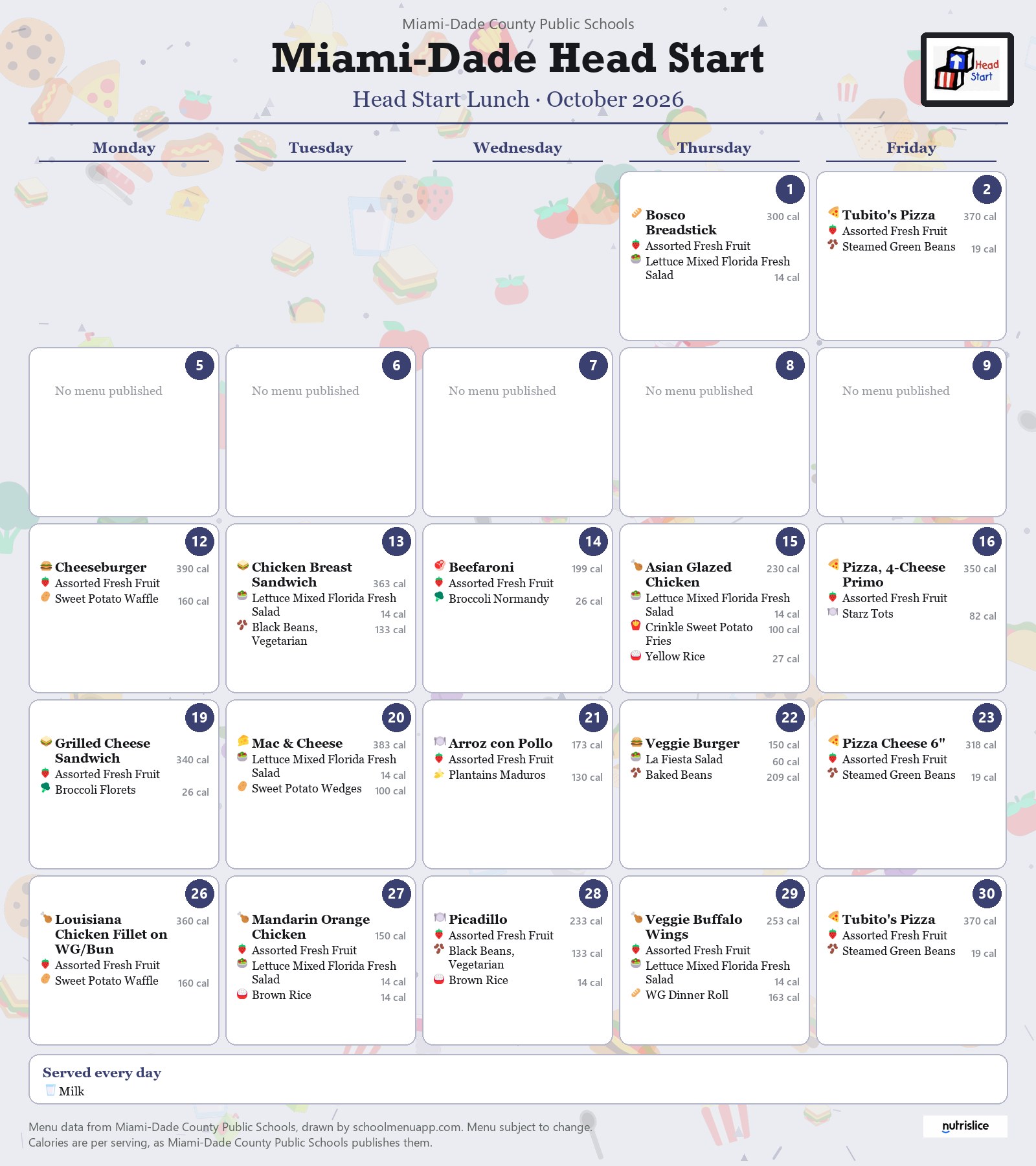 Miami-Dade Head Start lunch menu for October 2026 &mdash; Miami-Dade County Public Schools
