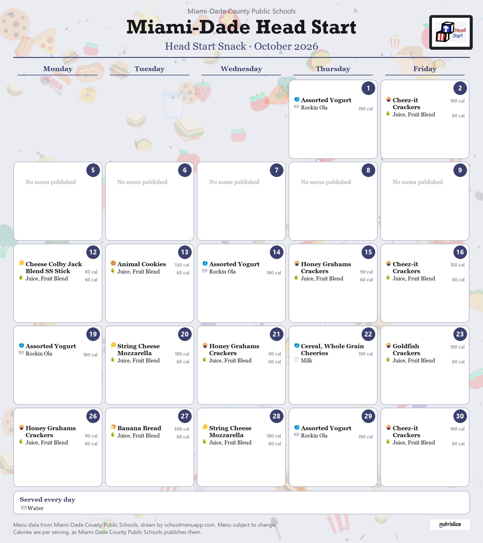 Miami-Dade Head Start snack menu for October 2026 &mdash; Miami-Dade County Public Schools