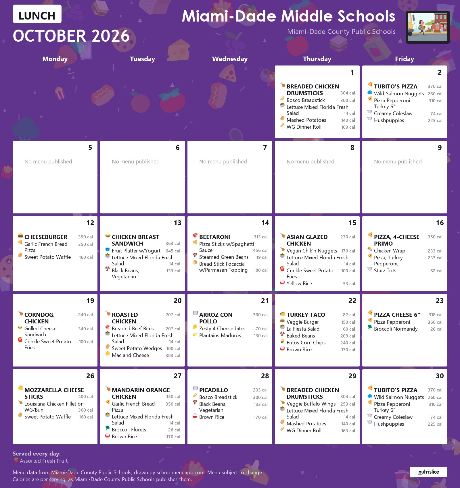 Miami-Dade Middle Schools lunch menu for October 2026 &mdash; Miami-Dade County Public Schools
