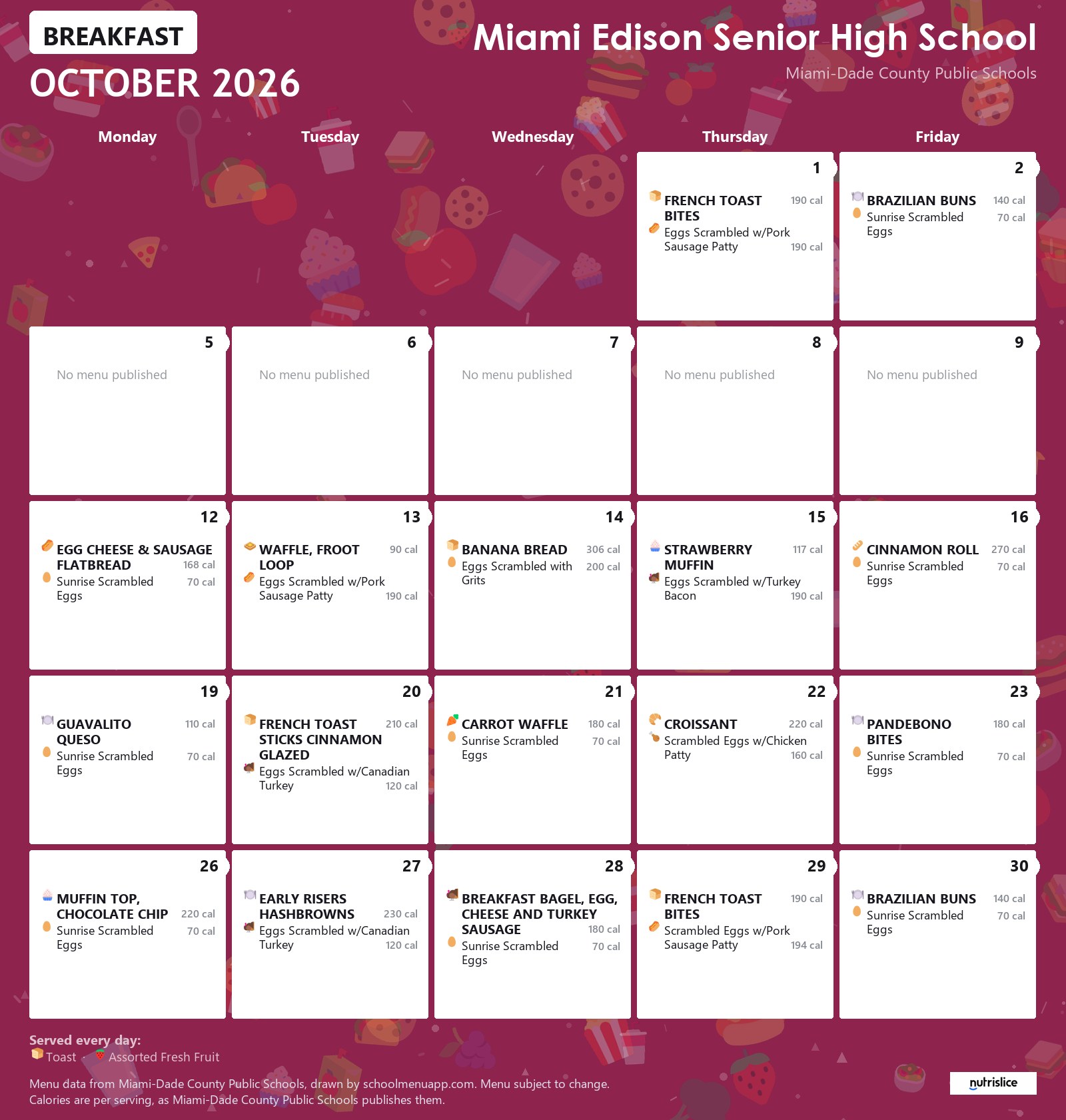 Miami Edison Senior High School breakfast menu for October 2026 &mdash; Miami-Dade County Public Schools
