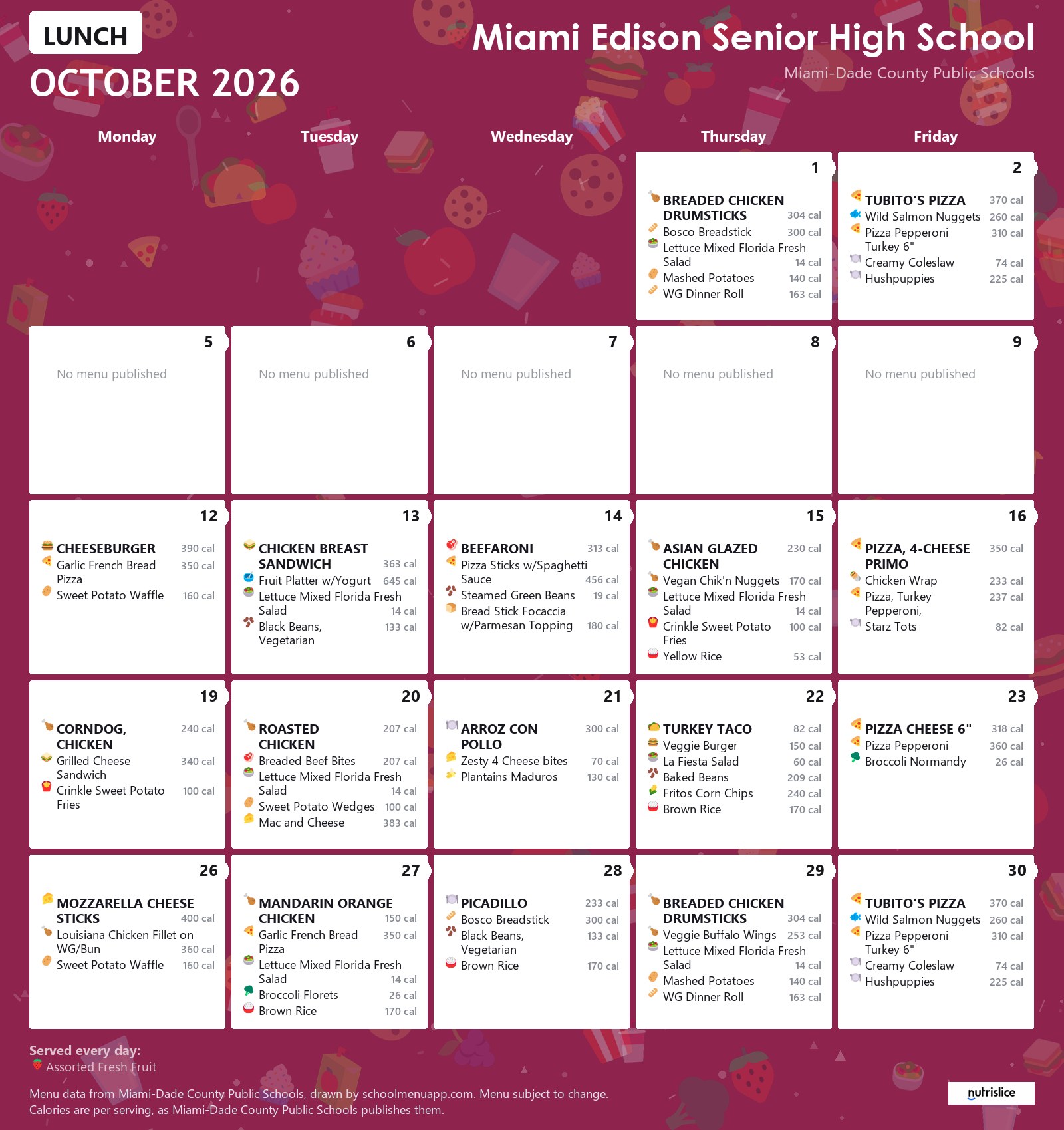 Miami Edison Senior High School lunch menu for October 2026 &mdash; Miami-Dade County Public Schools