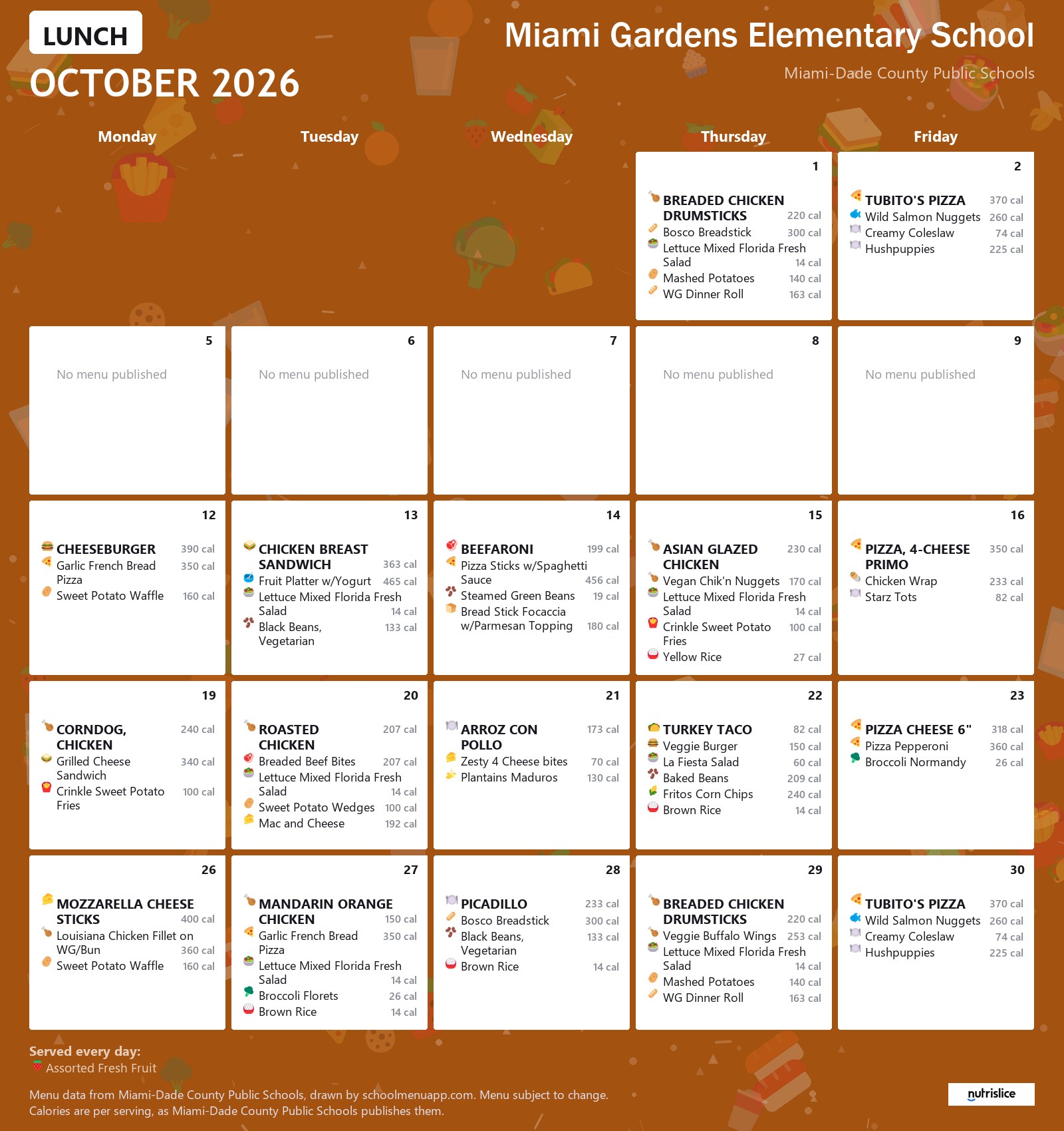 Miami Gardens Elementary School lunch menu for October 2026 &mdash; Miami-Dade County Public Schools